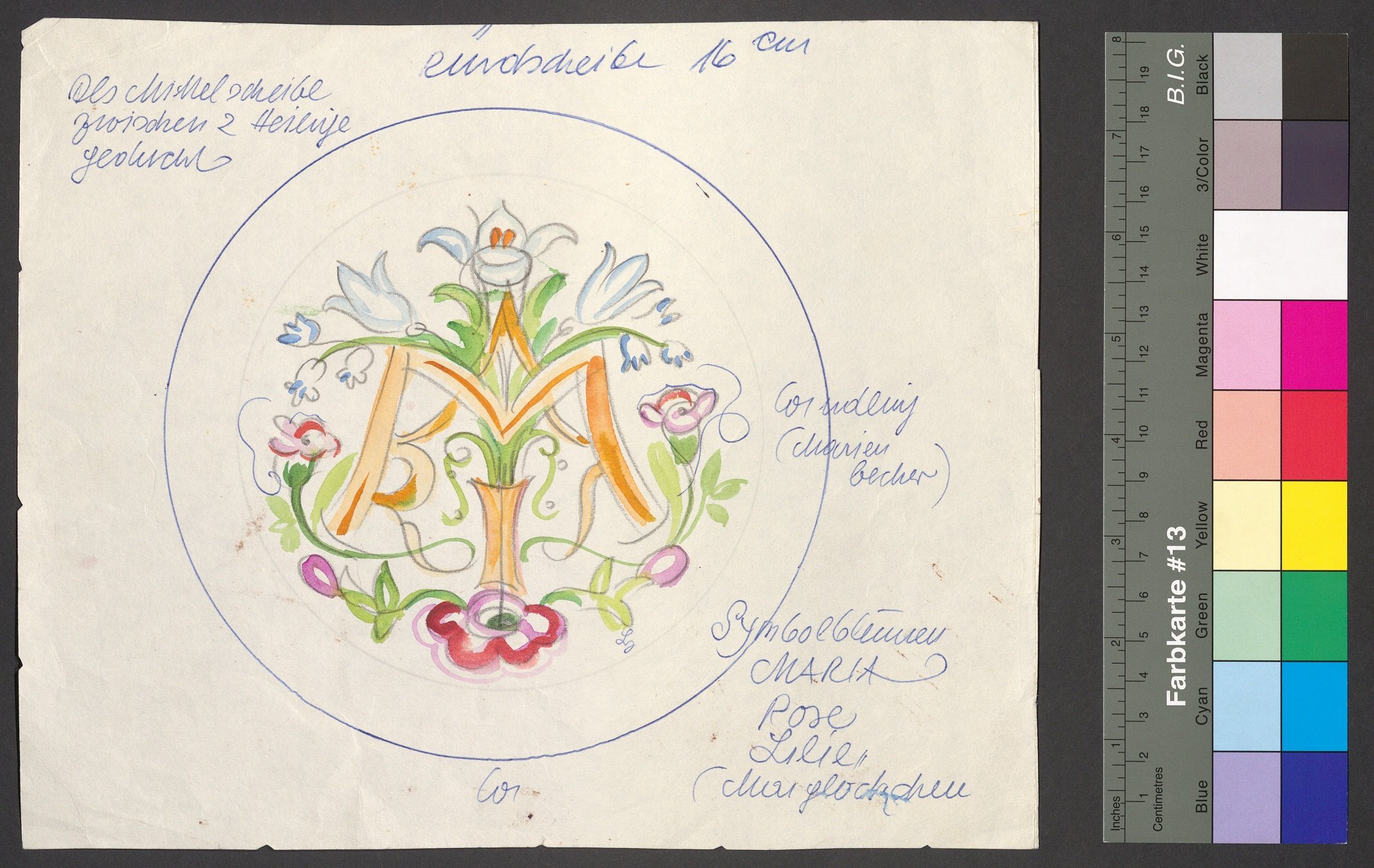 Entwurf, Marienmonogramm mit Symbolblumen (Stift Heiligenkreuz CC BY-NC-ND)