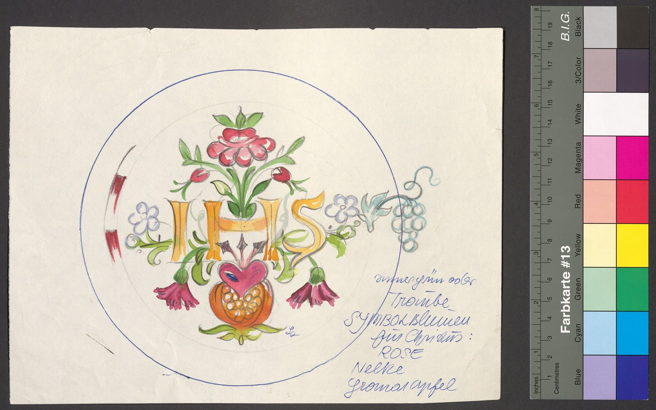 Entwurf, Christusmonogramm mit Symbolblumen (Stift Heiligenkreuz CC BY-NC-ND)