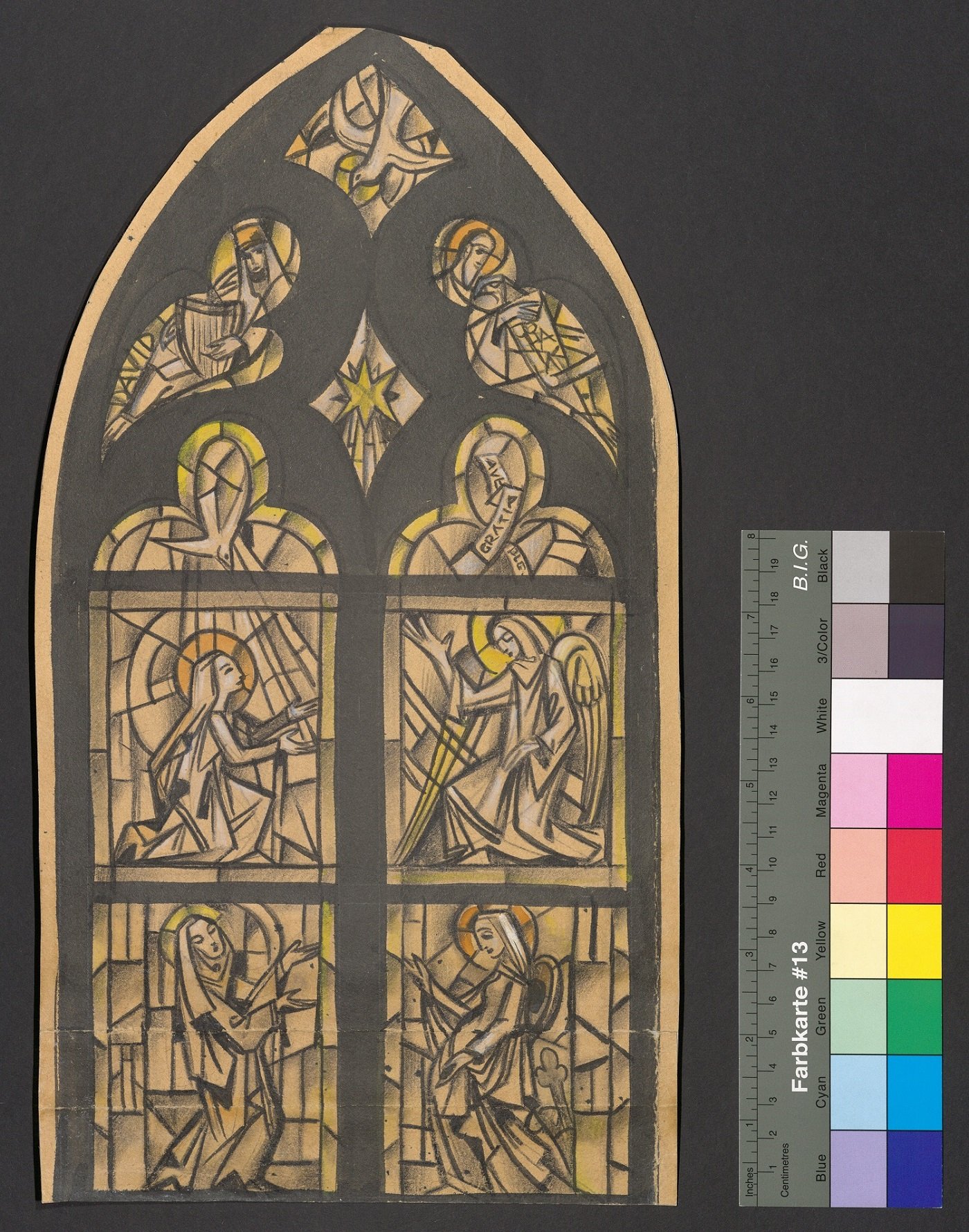 Entwurf Hochaltarfenster, Freudenreicher Rosenkranz (oberer Teil) (Stift Heiligenkreuz CC BY-NC-ND)