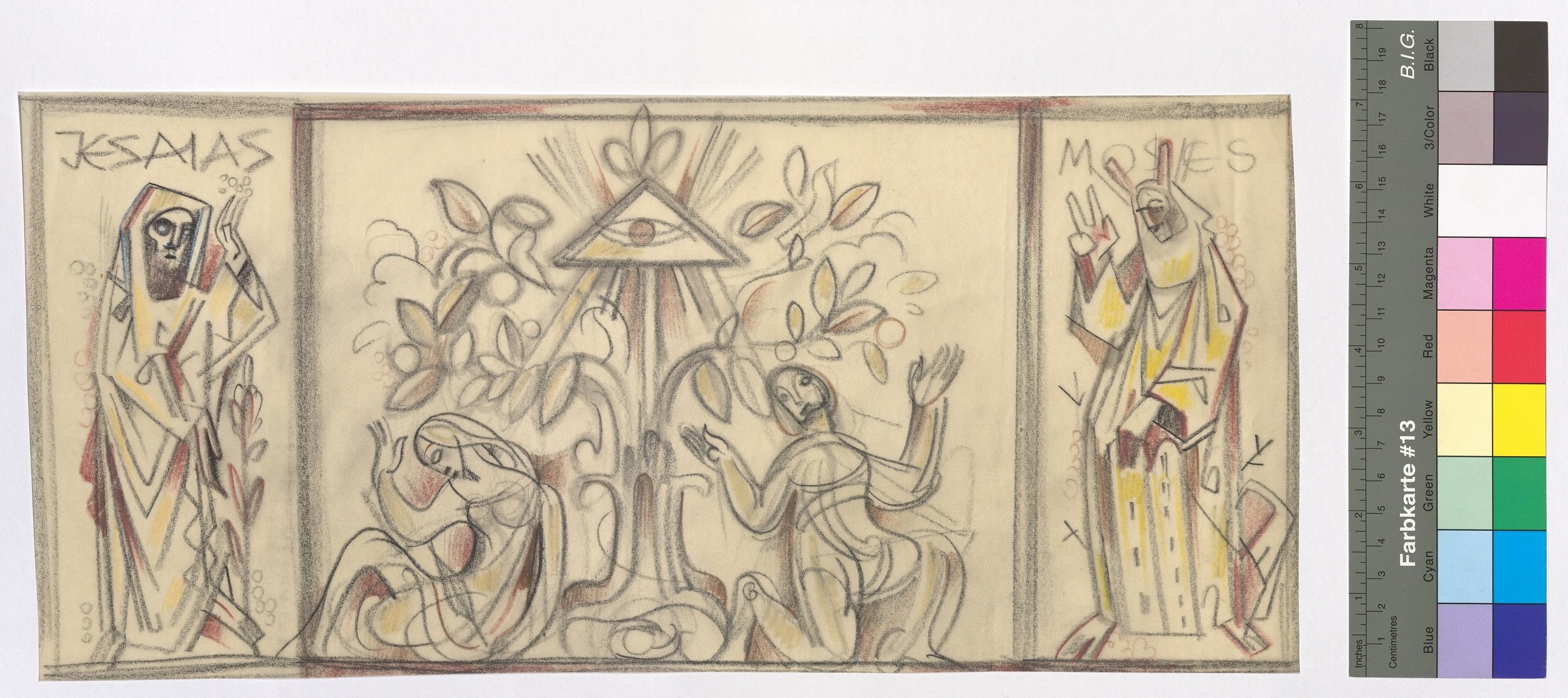 Entwurf eines Kirchenfensters, links: Prophet Jesaia, Mitte: Adam und Eva, rechts: Moses (Stift Heiligenkreuz CC BY-NC-ND)