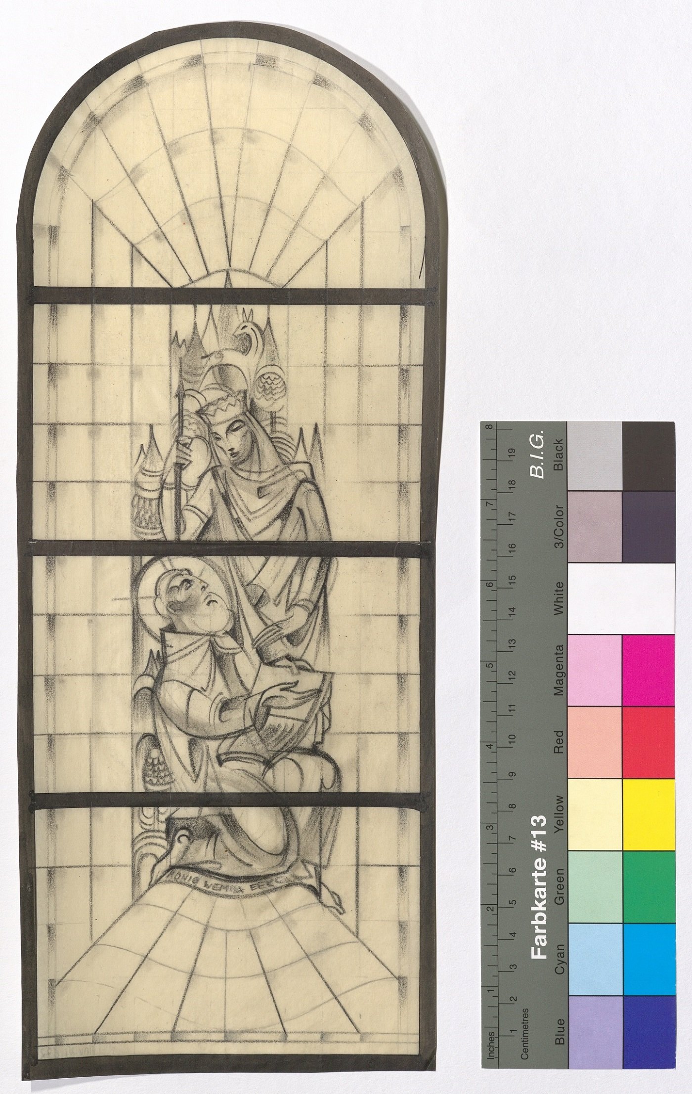 Entwurf eines Kirchenfensters, Heiliger kniend vor Soldat mit Lanze und Krone (Stift Heiligenkreuz CC BY-NC-ND)