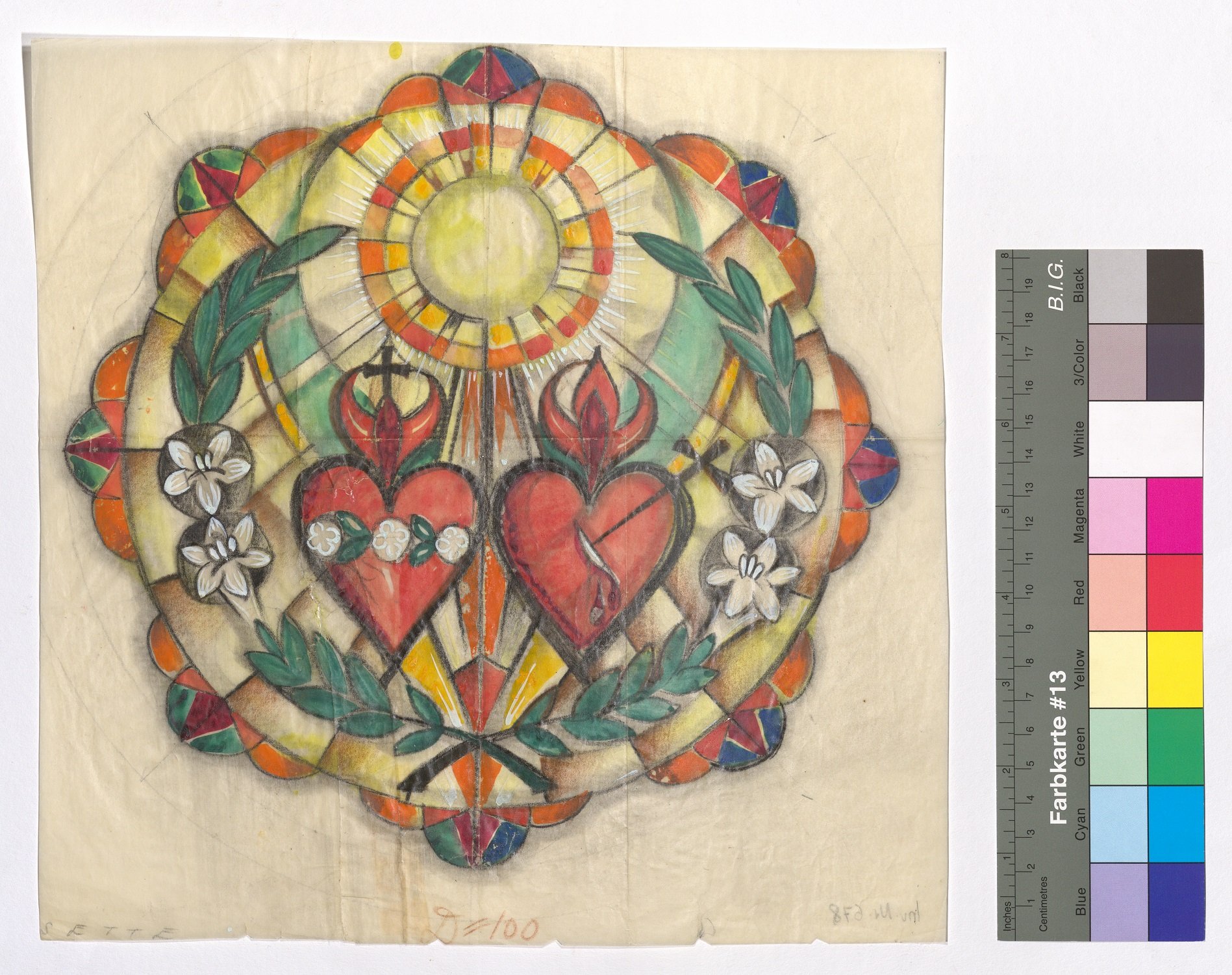 Entwurf eines Kirchenfensters, Unbeflecktes Herz Mariä (links) neben Heiligstes Herz Jesu (rechts) (Stift Heiligenkreuz CC BY-NC-ND)
