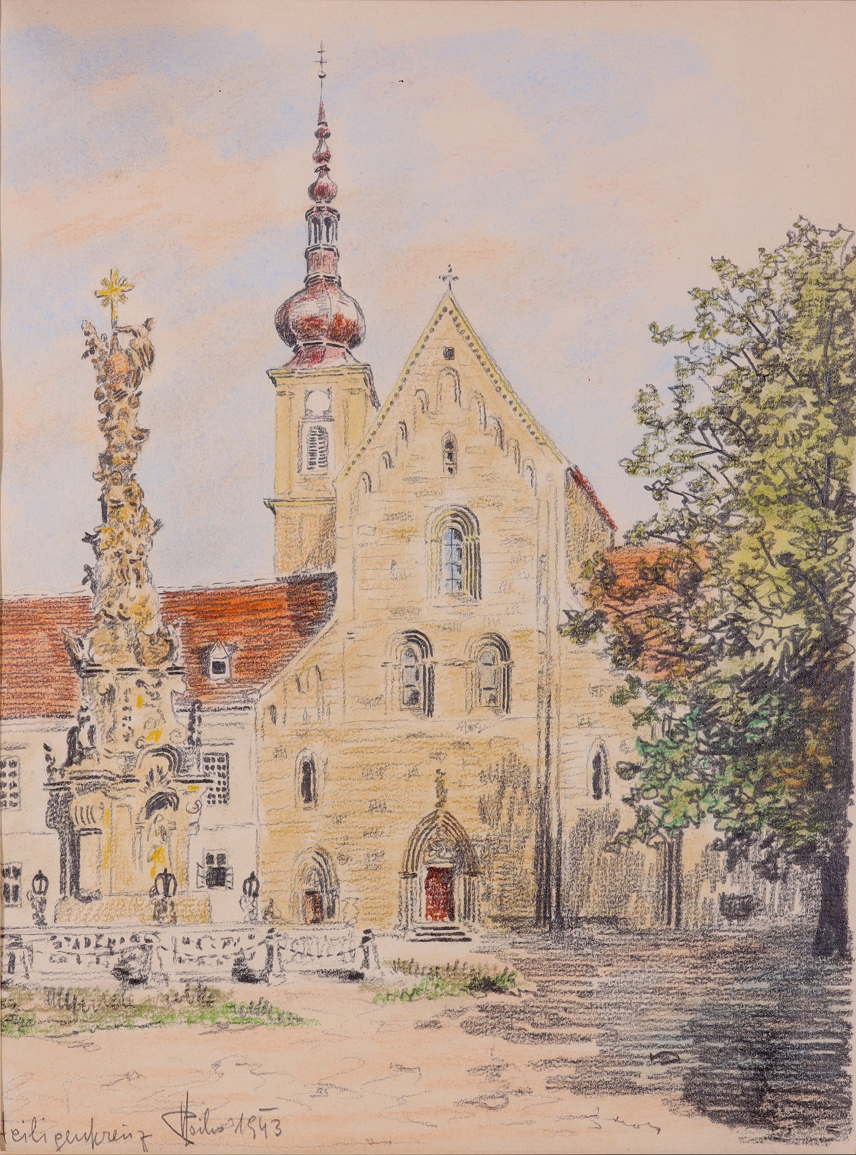 Blick auf die Kirchenfassade und Dreifaltigkeitssäule in Stift Heiligenkreuz (Stift Heiligenkreuz CC BY-NC-SA)