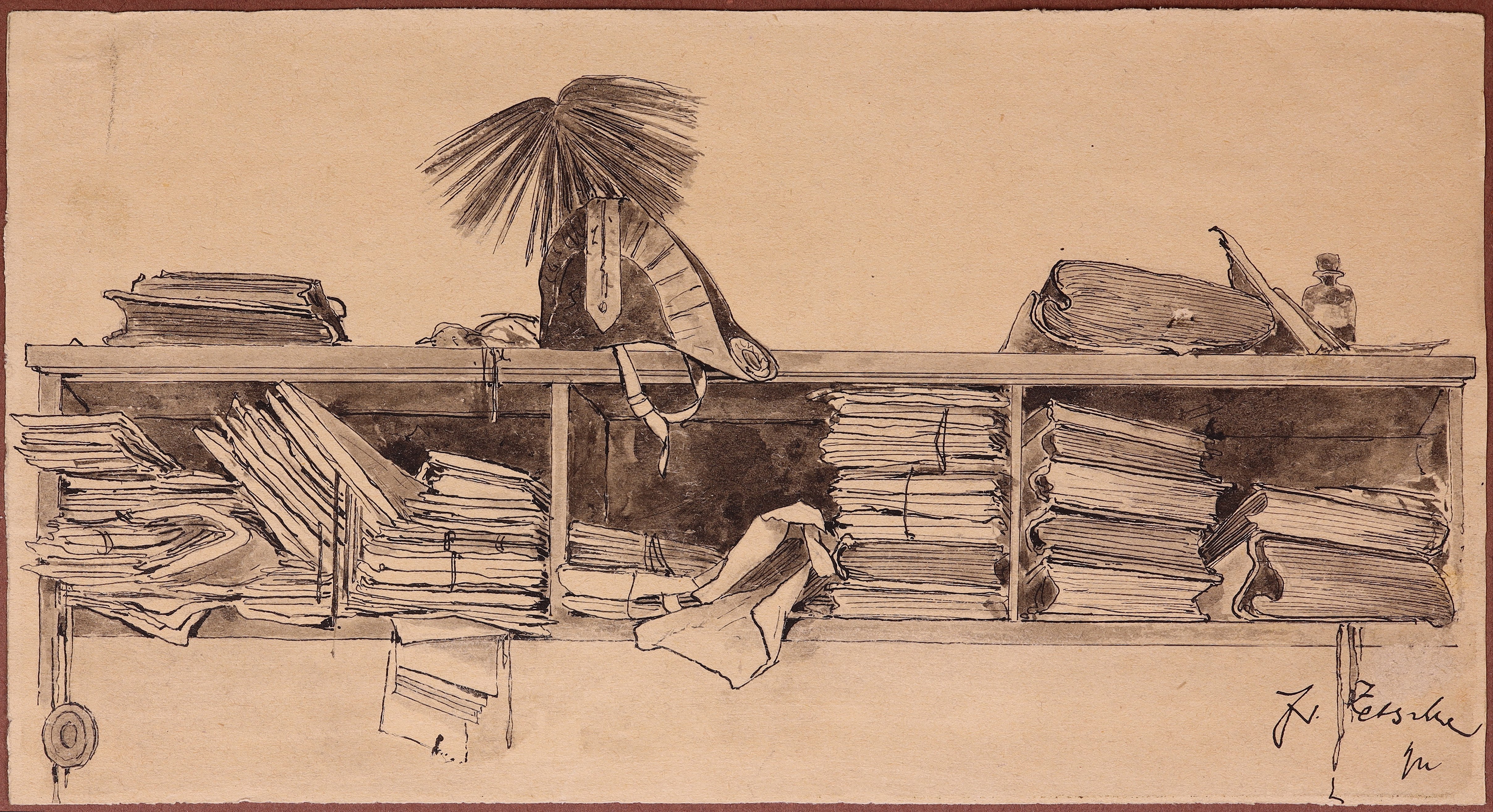 Wandregal mit Dokumenten, Büchern und einem k.k. Beamten-Zweispitz (Stift Heiligenkreuz CC BY-NC-SA)