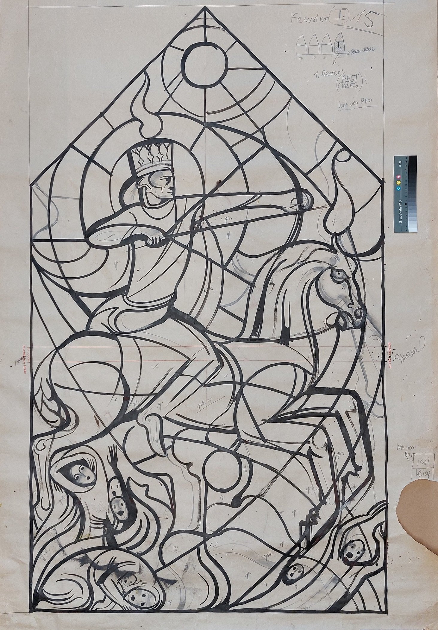 Entwurf eines Kirchenfensters, Erster Apokalyptischer Reiter - Pest und Krieg (Stift Heiligenkreuz CC BY-NC-ND)