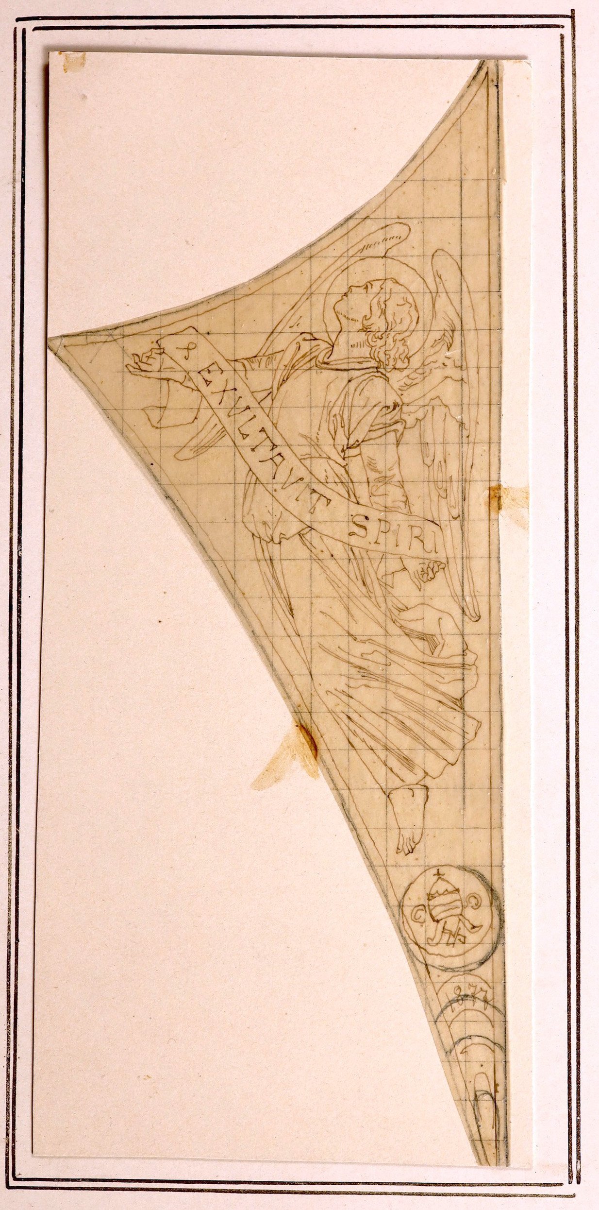 Engel mit Bandrolle in einem Zwickel Unter dem Fuß des Engels ein Papstwappen und die Jahreszahl „1877“. (Stift Heiligenkreuz CC BY-NC-SA)