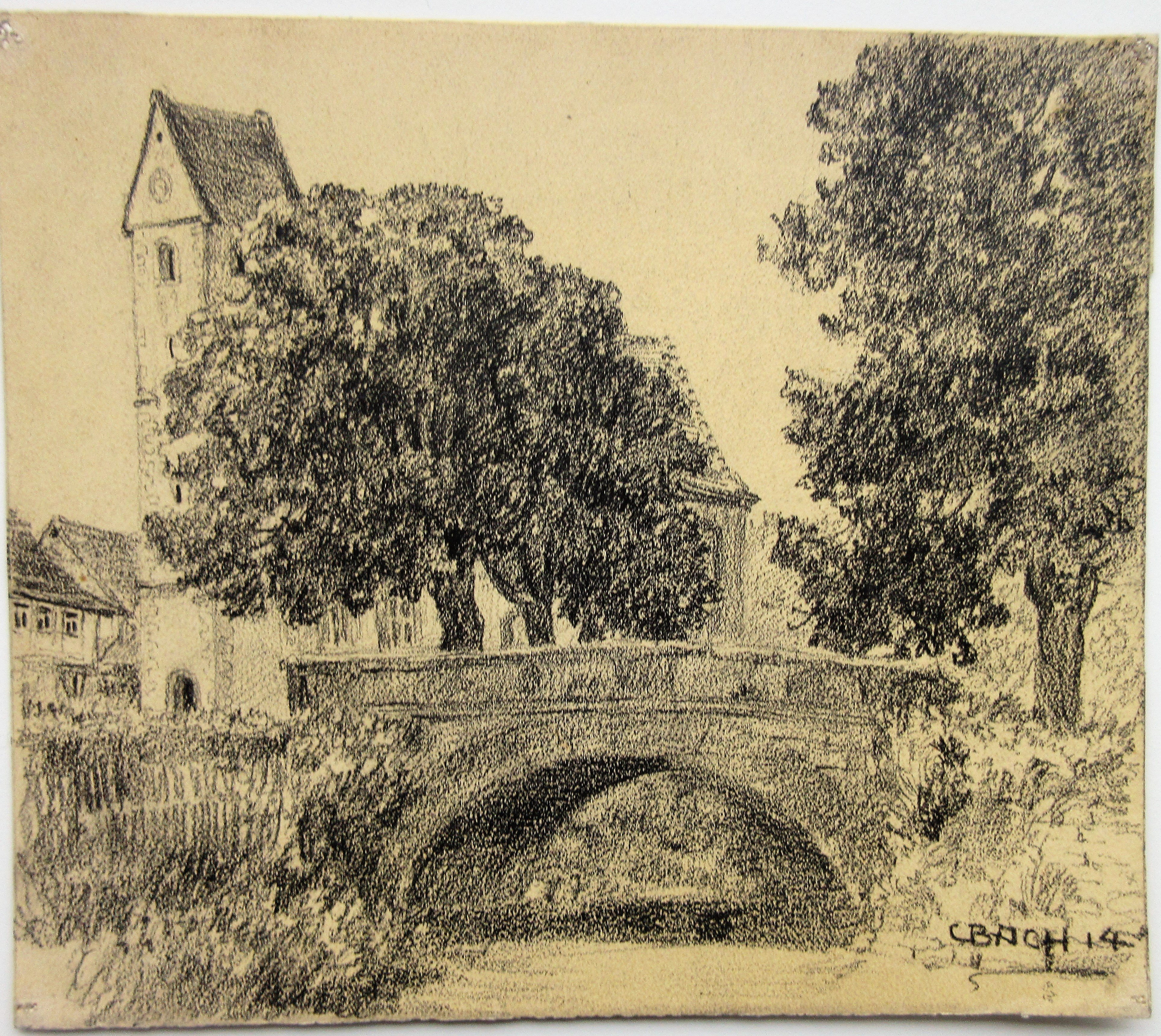 Brücke mit Kirche 1 (1914) (Museum im Steinhaus Nagold CC BY-NC-SA)
