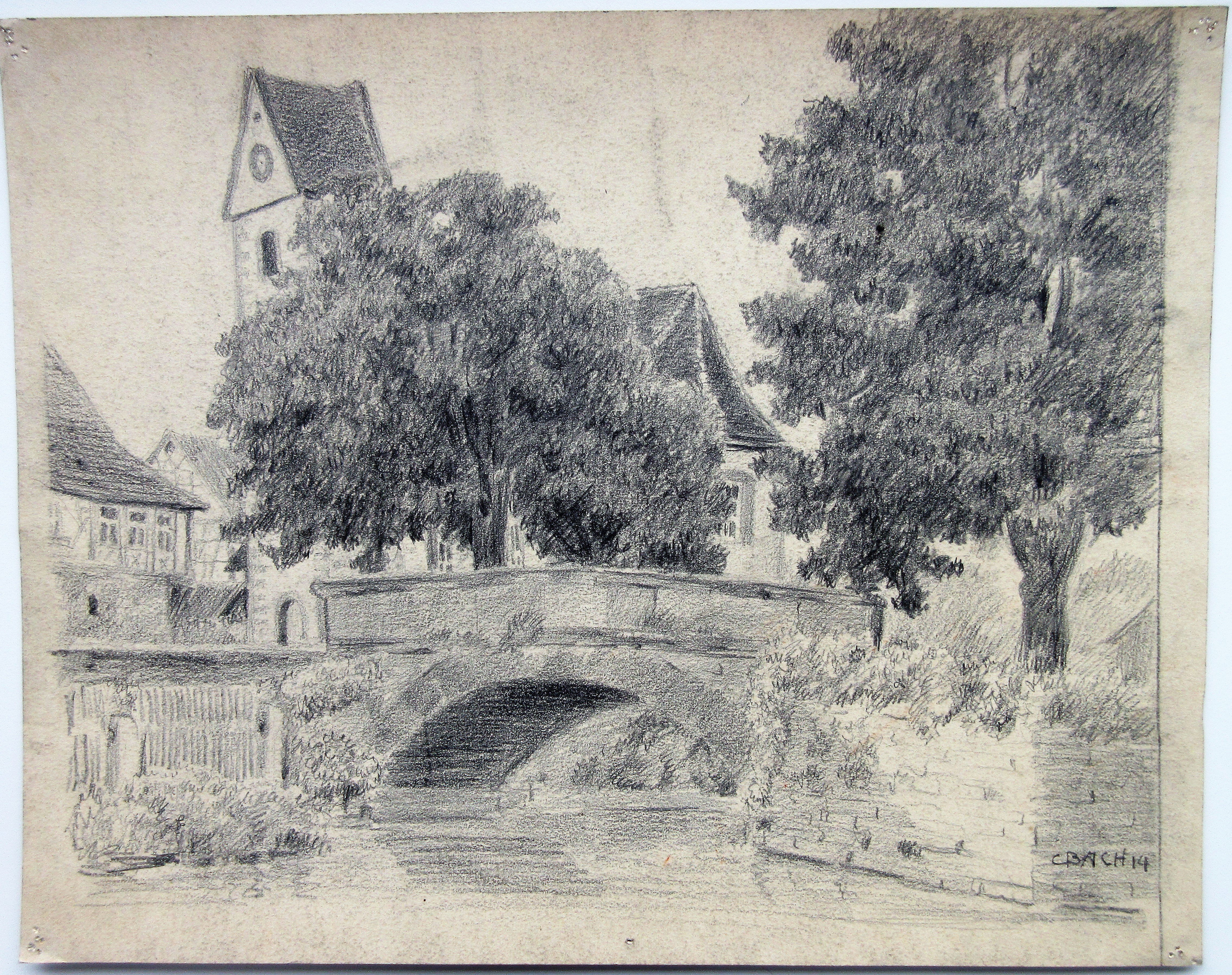Brücke mit Kirche 2 (1914) (Museum im Steinhaus Nagold CC BY-NC-SA)