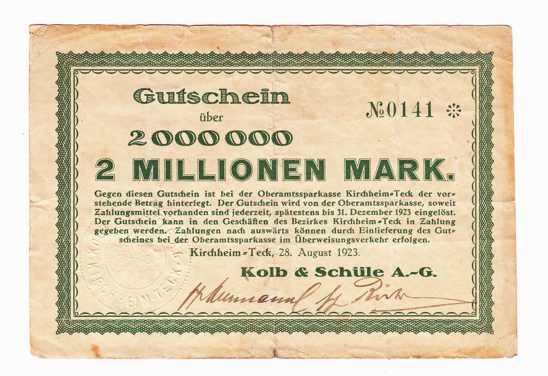 Notgeld der "Kolb & Schüle A.-G." über 2 Millionen Mark (Städtisches Museum im Kornhaus Kirchheim u. T. CC BY-NC-SA)