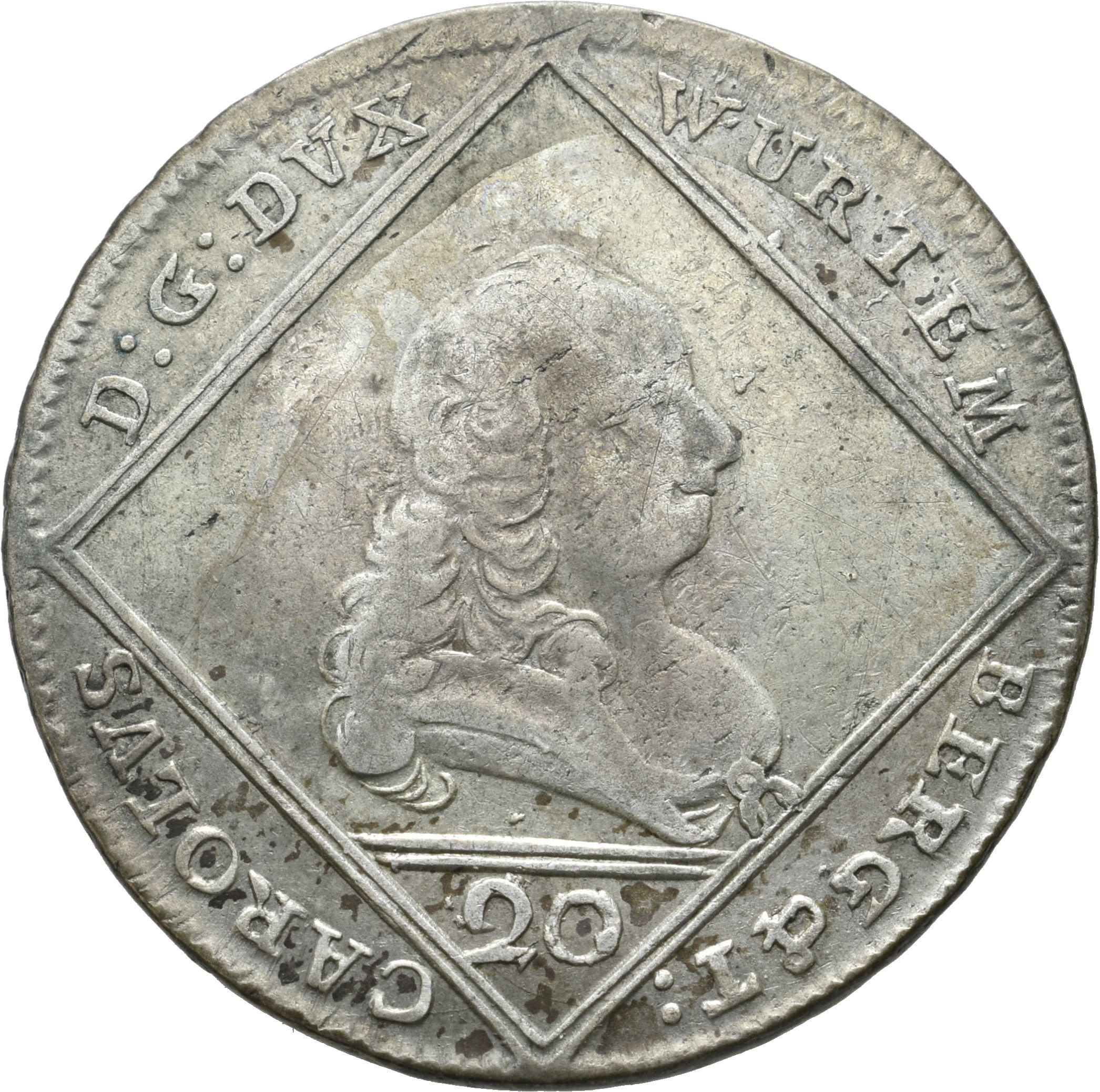 20 Kreuzer von Herzog Karl Eugen von Württemberg von 1770 (Sparkassenverband Baden-Württemberg CC BY-NC-SA)