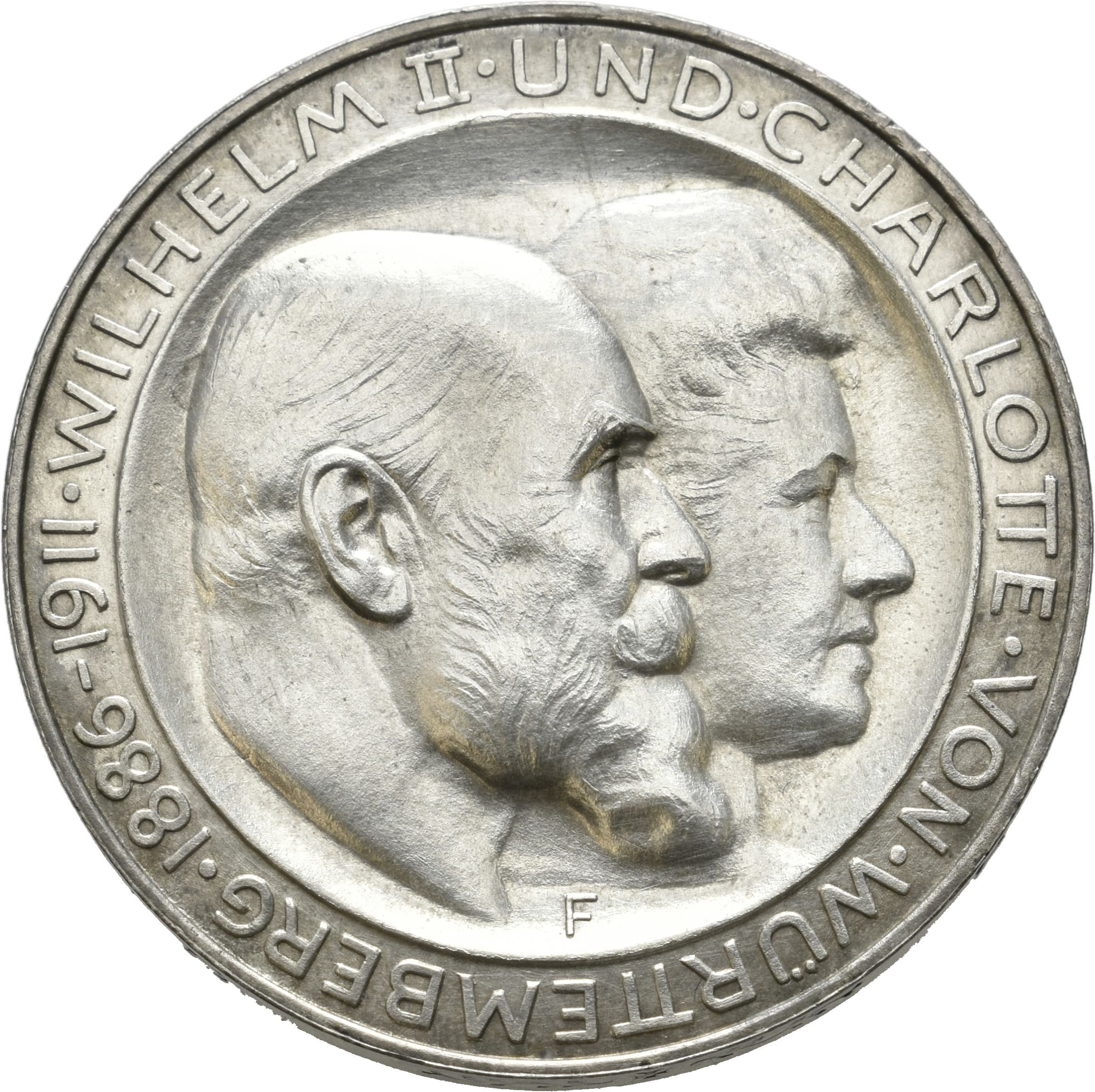 3 Mark-Gedenkmünze zur Silbernen Hochzeit von König Wilhelm II. von Württemberg und Königin Charlotte von Württemberg (Münzsammlung des Sparkassenverbands Baden-Württemberg CC BY-NC-SA)
