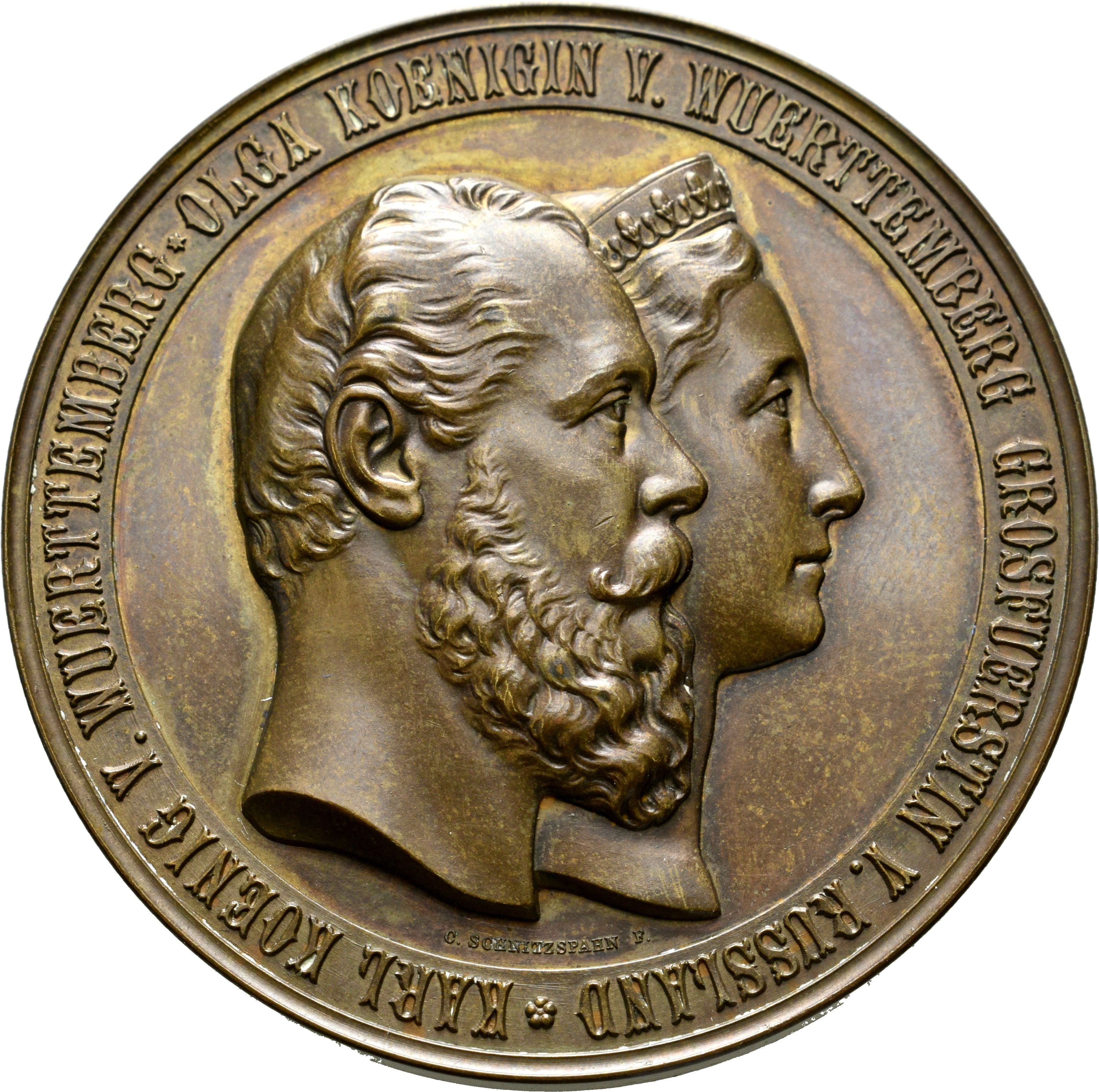 Bronzemedaille zur Silberhochzeit von König Karl von Württemberg und Königin Olga von Württemberg (Münzsammlung des Sparkassenverbands Baden-Württemberg CC BY-NC-SA)