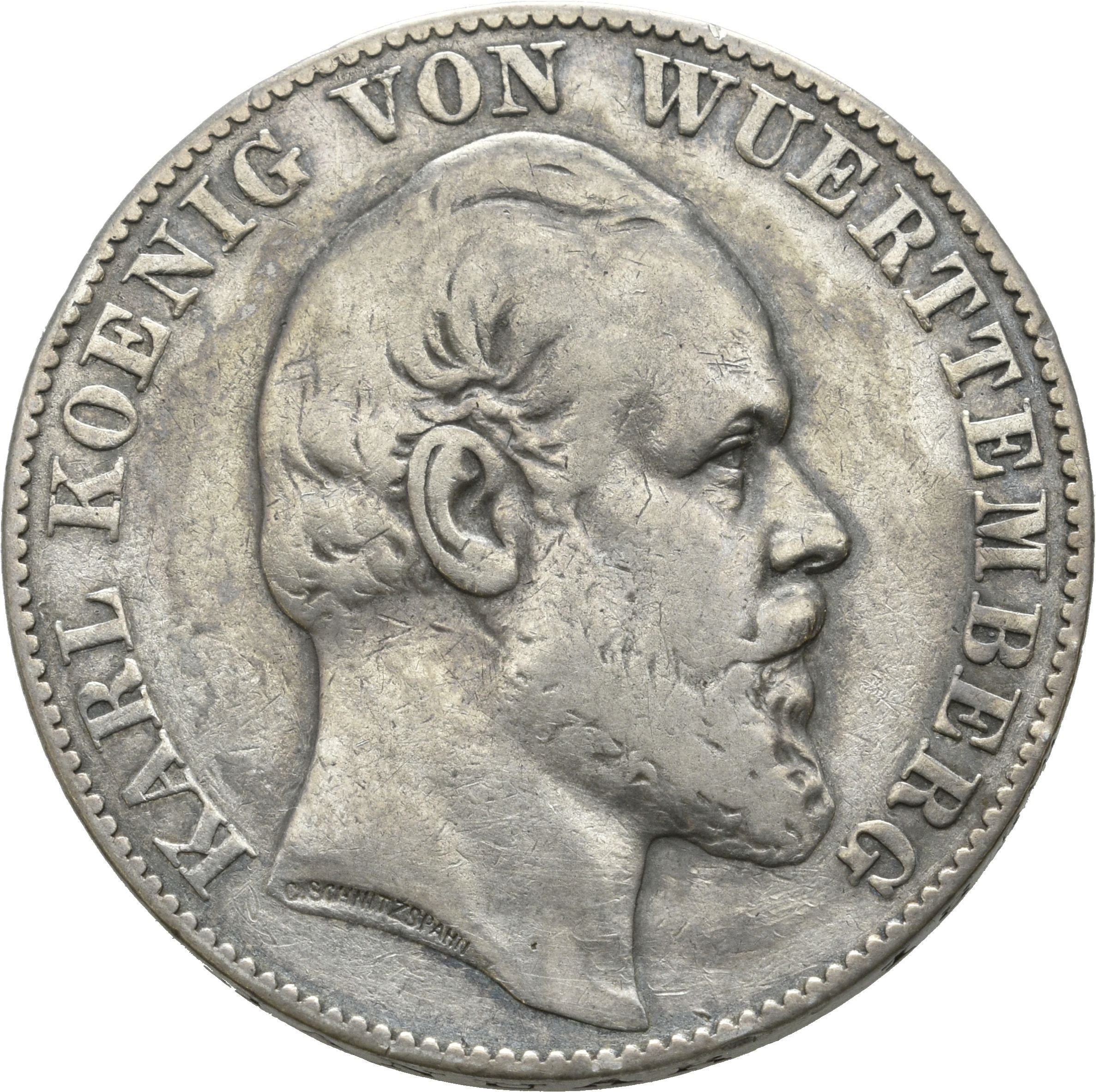 Vereinstaler von König Karl von Württemberg (Münzsammlung des Sparkassenverbands Baden-Württemberg CC BY-NC-SA)