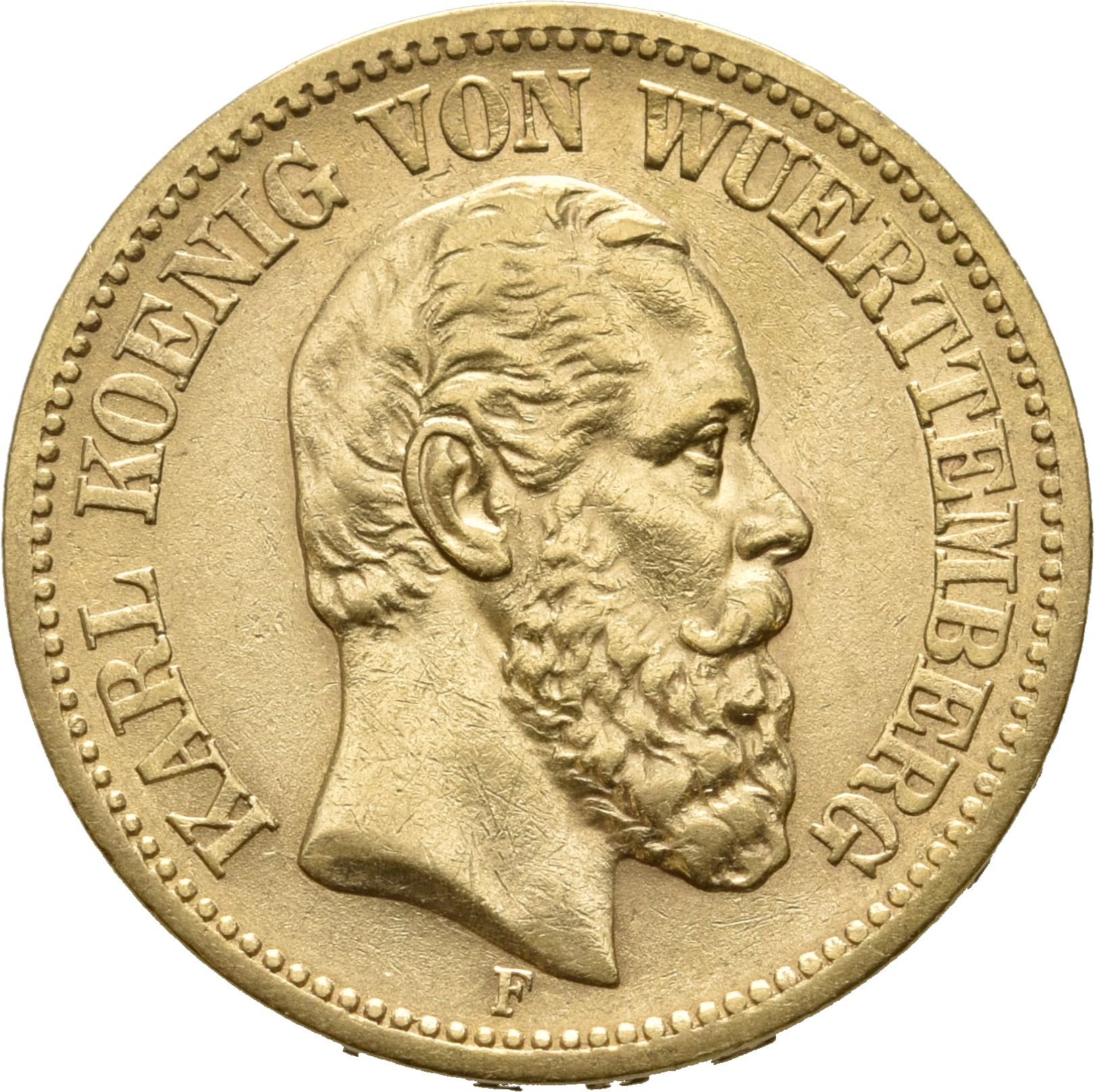 20-Goldmark von König Karl von Württemberg (Münzsammlung des Sparkassenverbands Baden-Württemberg CC BY-NC-SA)
