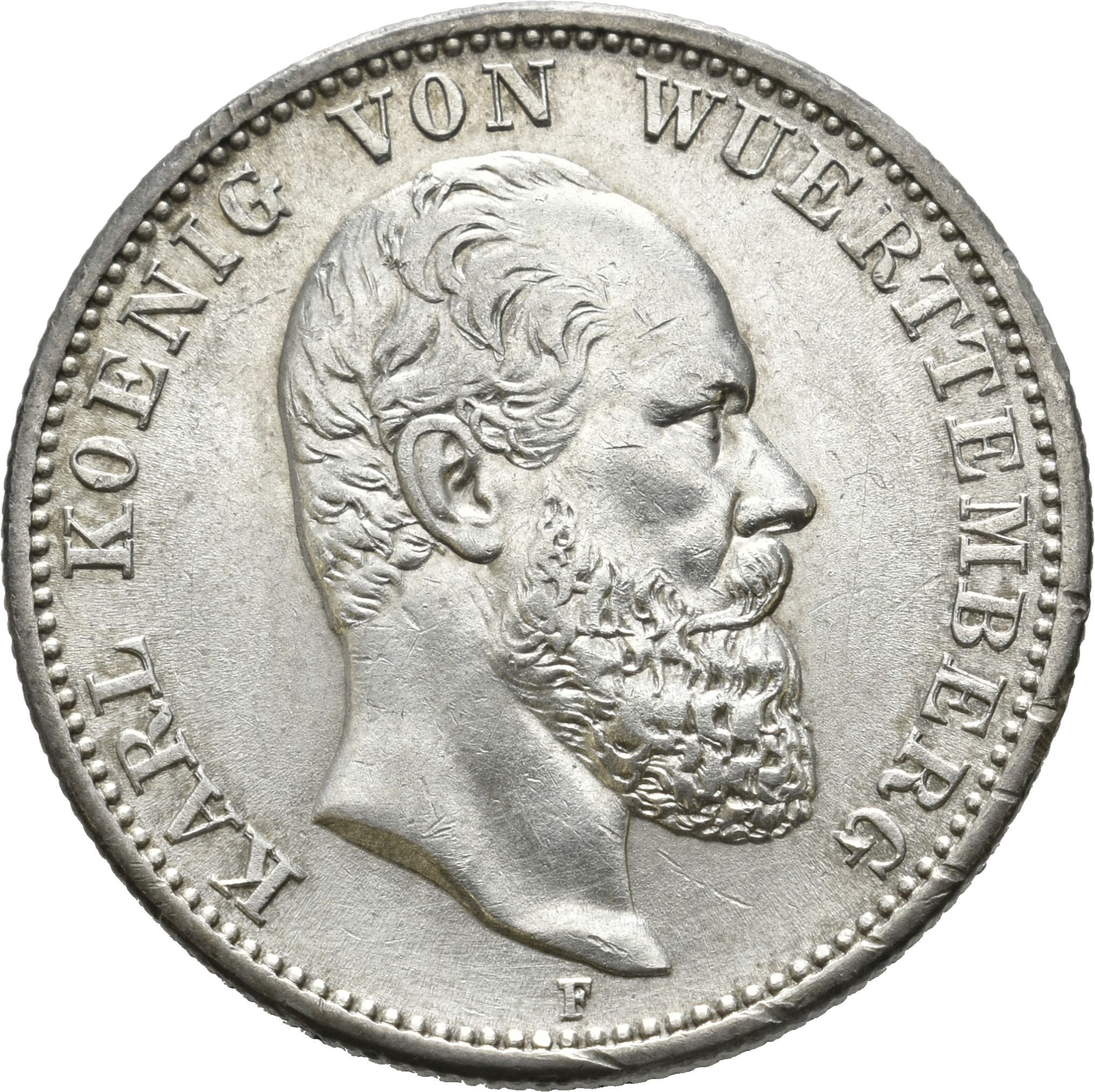 2 Mark von König Wilhelm II. Von Württemberg von 1876 (Münzsammlung des Sparkassenverbands Baden-Württemberg CC BY-NC-SA)