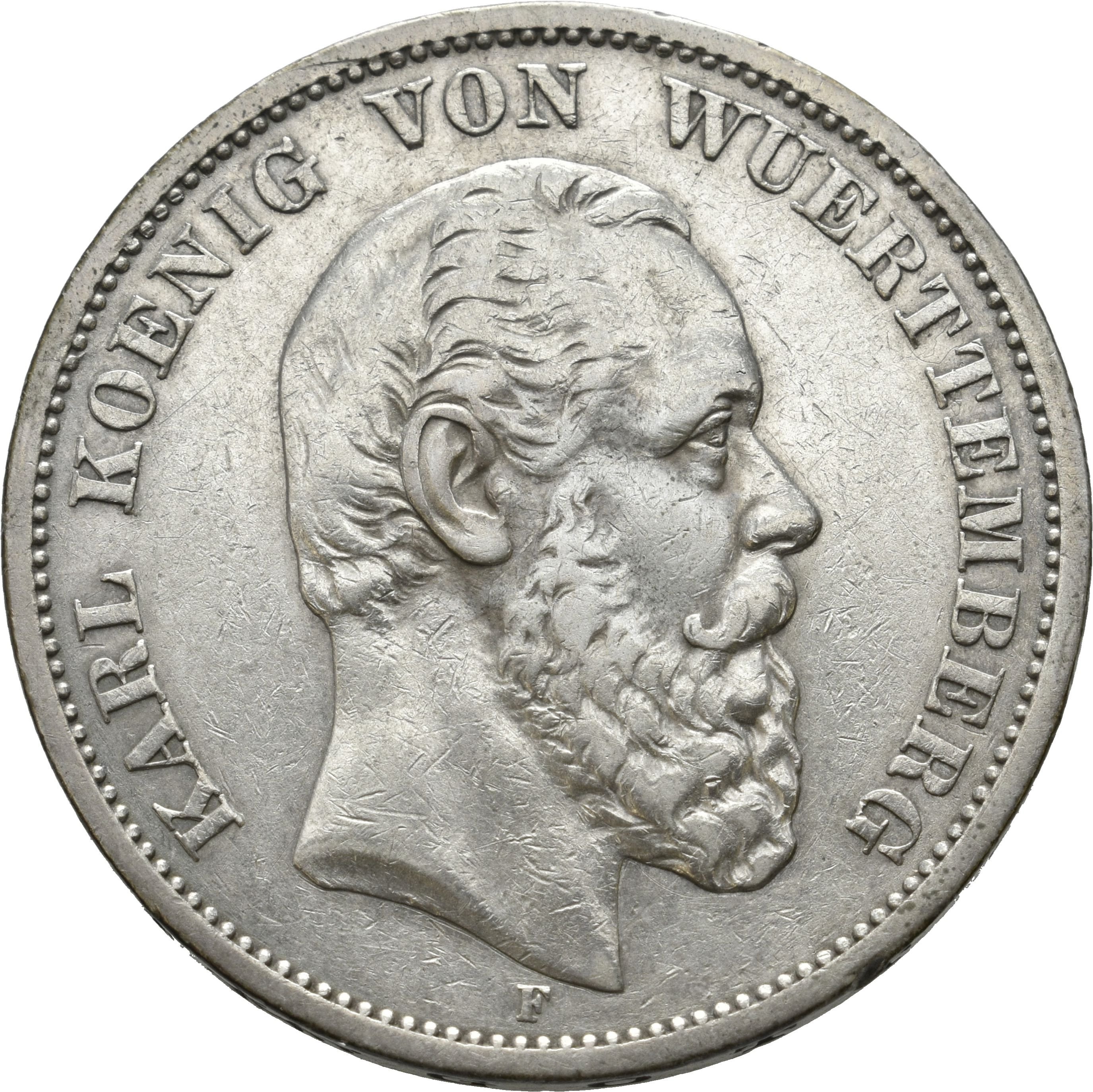 5 Mark von König Wilhelm II. Von Württemberg von 1874 (Münzsammlung des Sparkassenverbands Baden-Württemberg CC BY-NC-SA)
