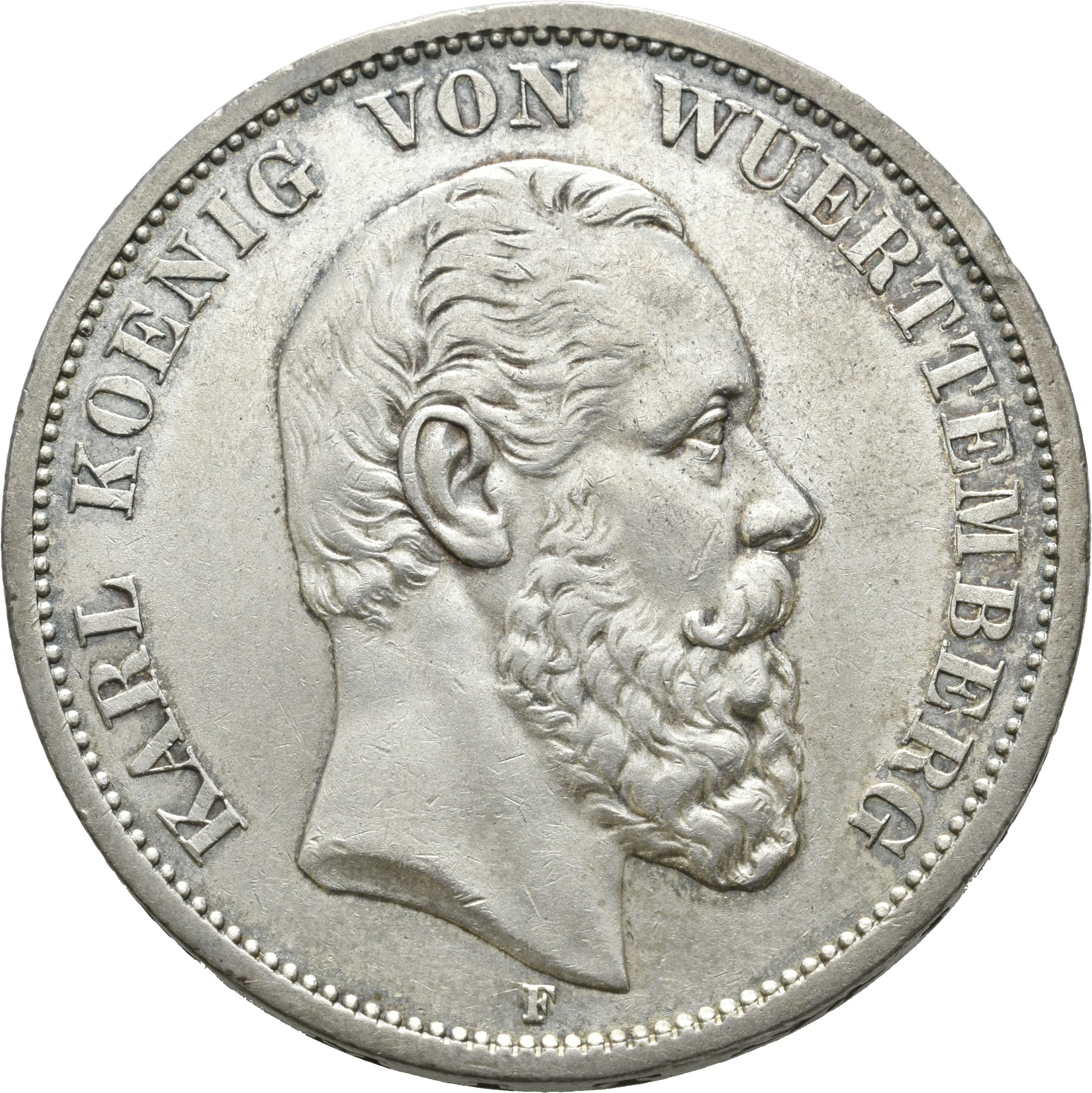 5 Mark von König Karl von Württemberg von 1876 (Münzsammlung des Sparkassenverbands Baden-Württemberg CC BY-NC-SA)