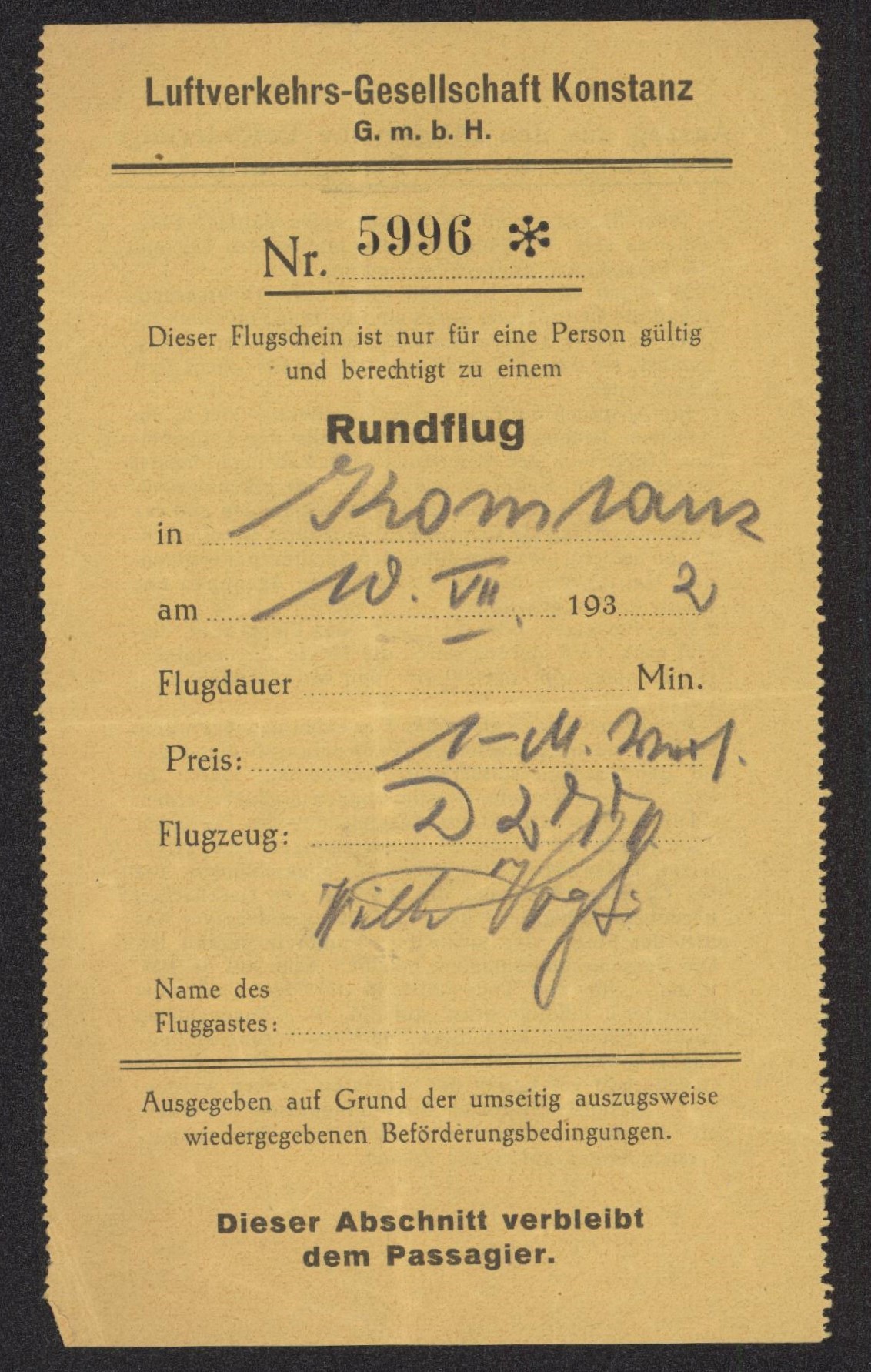Eintrittskarte für Rundflüge über den Bodensee mit Delphin (Dornier Museum für Luft- und Raumfahrt CC BY-NC-SA)