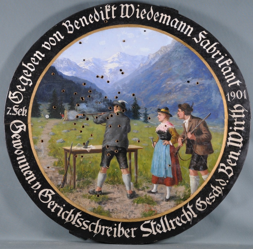 Schützenscheibe: Schützenstand in Hochgebirgslandschaft (Stadtmuseum Wangen CC BY-NC-SA)