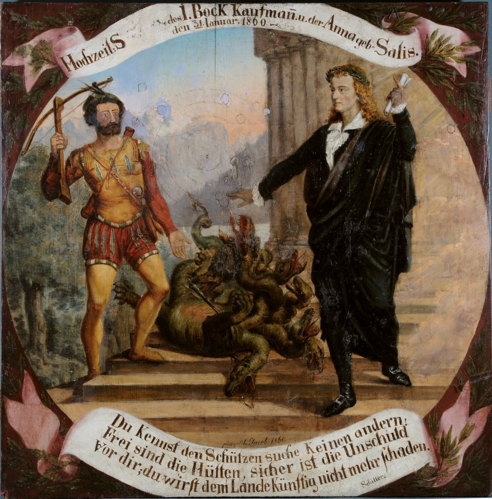 Schützenscheibe: Wilhelm Tell und Friedrich Schiller (Stadtmuseum Wangen CC BY-NC-SA)