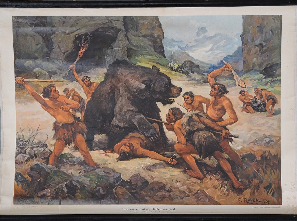 Schulwandbild "Urmenschen auf Höhlenbärenjagd" (Stadtmuseum Wangen CC BY-NC-SA)