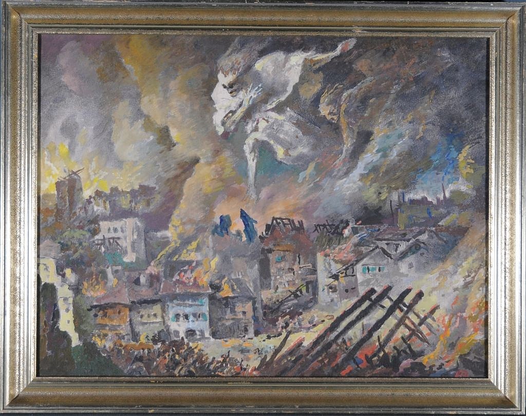 Kriegsfurie über einer brennenden Stadt (Stadtmuseum Wangen CC BY-NC-SA)