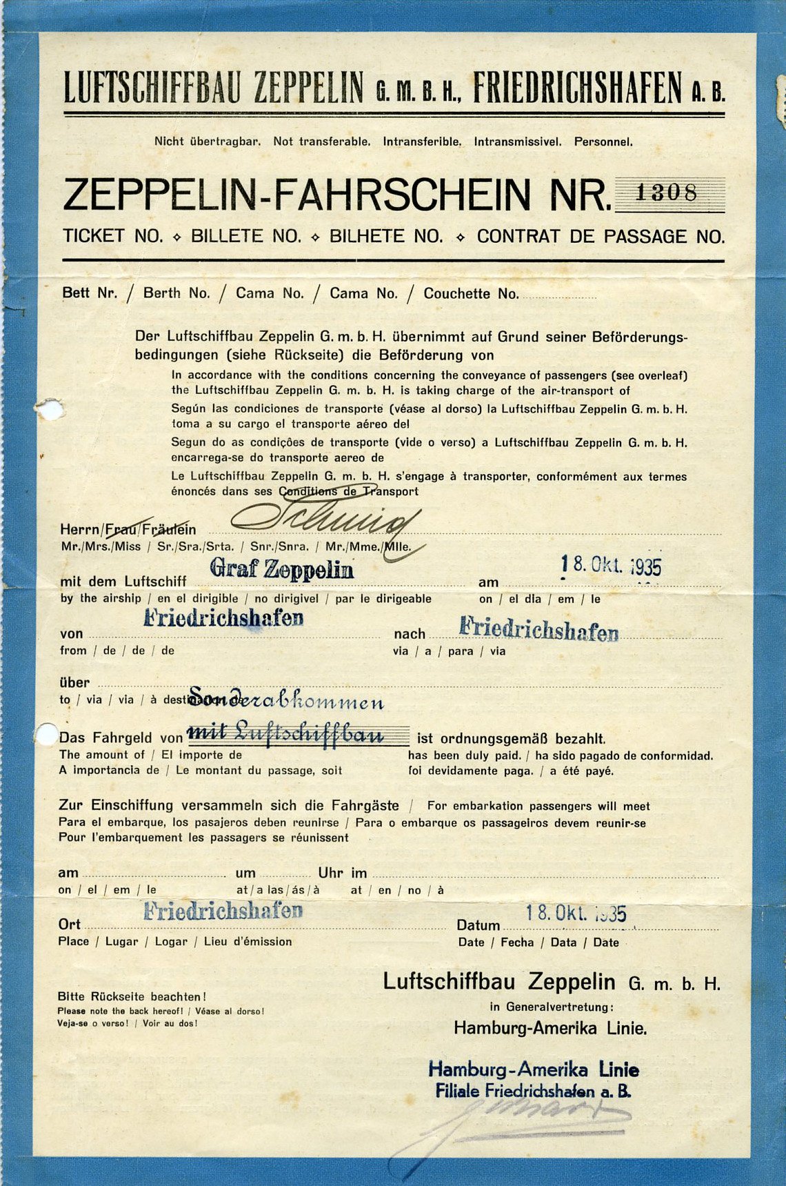 Fahrschein der Luftschiffbau Zeppelin GmbH ausgestellt auf Herrn Schmid (Zeppelin Museum Friedrichshafen GmbH CC BY-NC-SA)