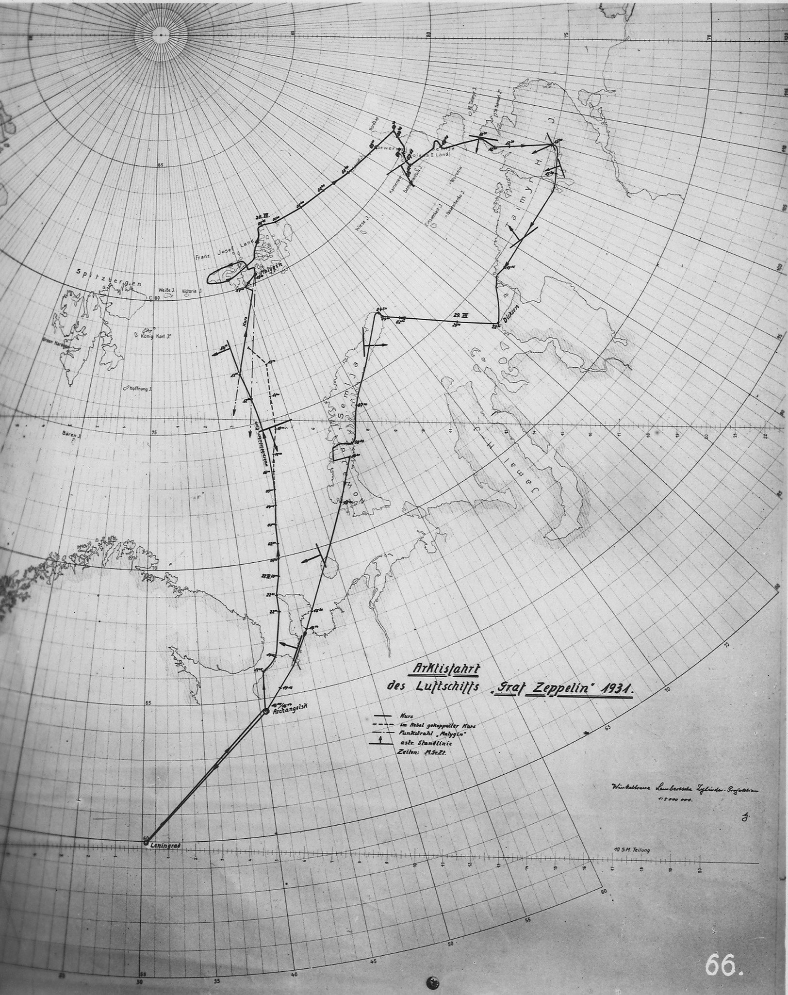 Landkarte mit der eingezeichneten Fahrtroute der Arktisfahrt (Zeppelin Museum CC BY-NC-SA)