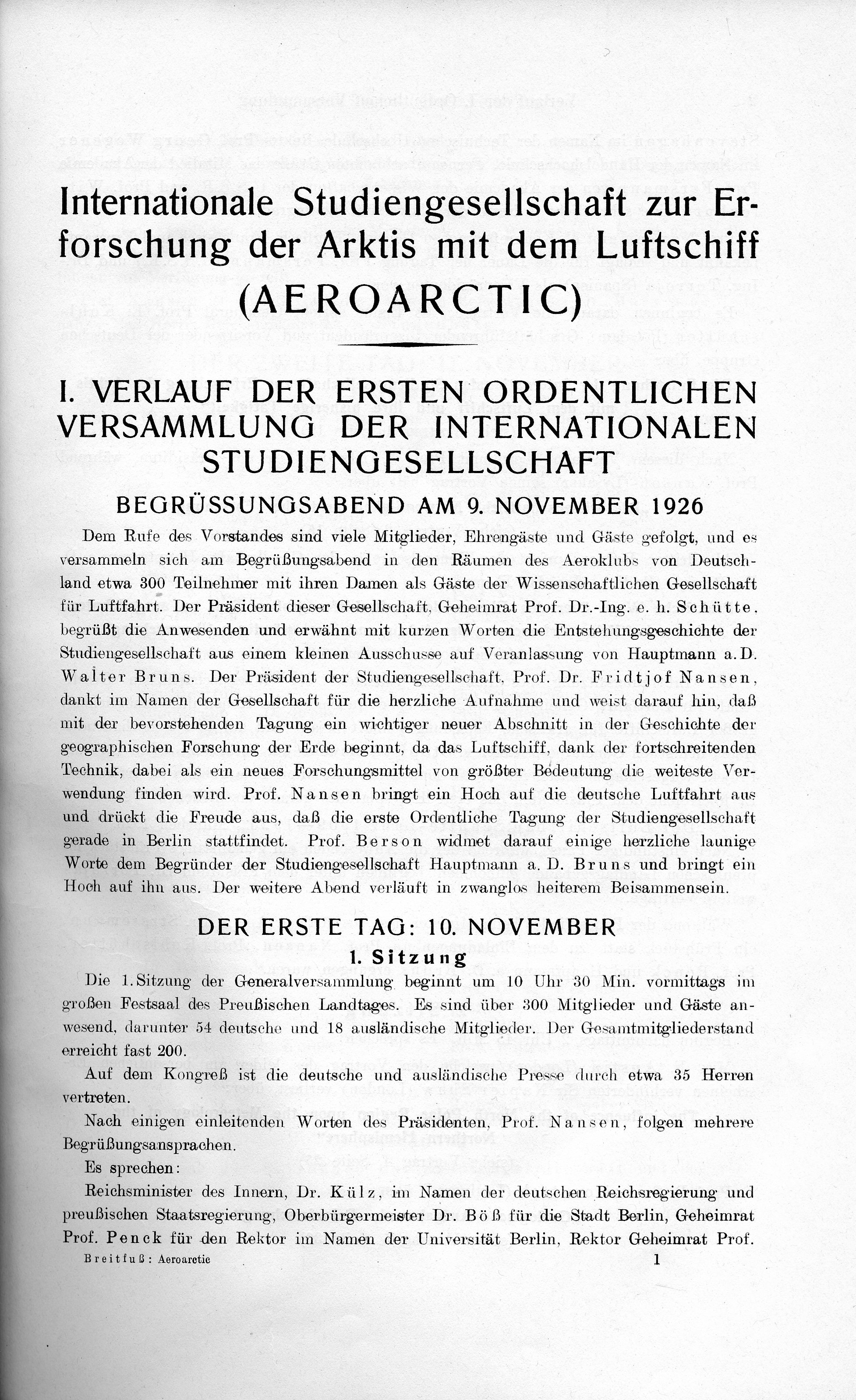 Protokoll der ersten AEROARCTIC-Versammlung vom 9. bis 13. November 1926 in Berlin (7 Seiten) (Zeppelin Museum CC BY-NC-SA)