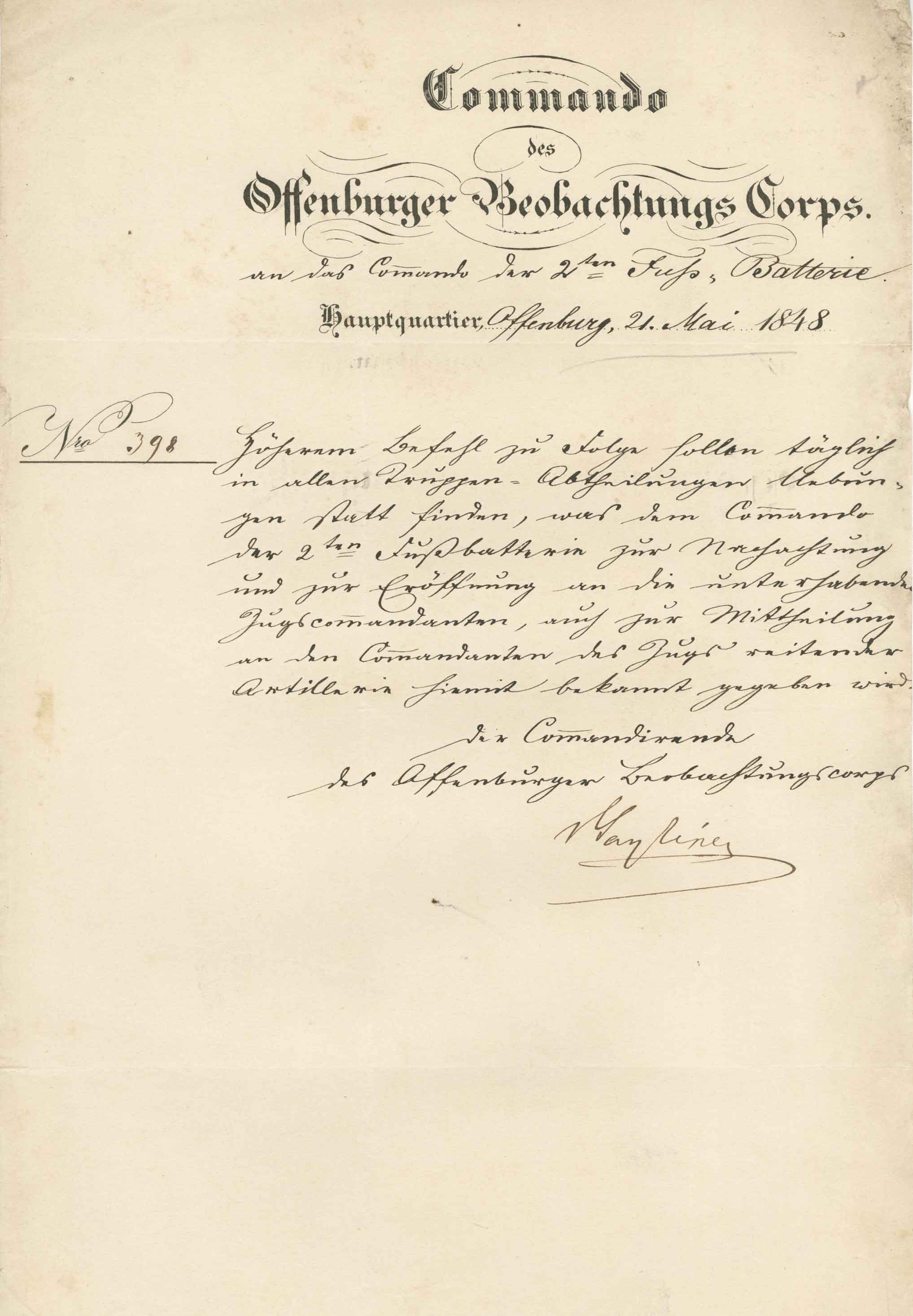 Befehl "Commando des Offenburger Beobachtungs Corps" (21.05.1848) (Wehrgeschichtliches Museum Rastatt CC BY-NC-SA)