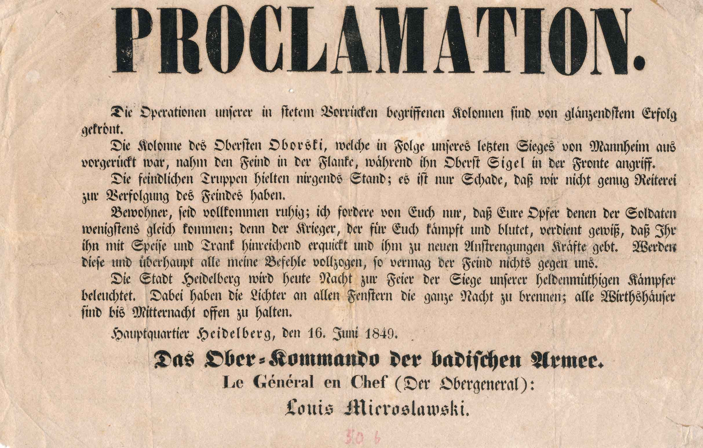 Proclamation (vom 16.06.1849) (Wehrgeschichtliches Museum Rastatt CC BY-NC-SA)
