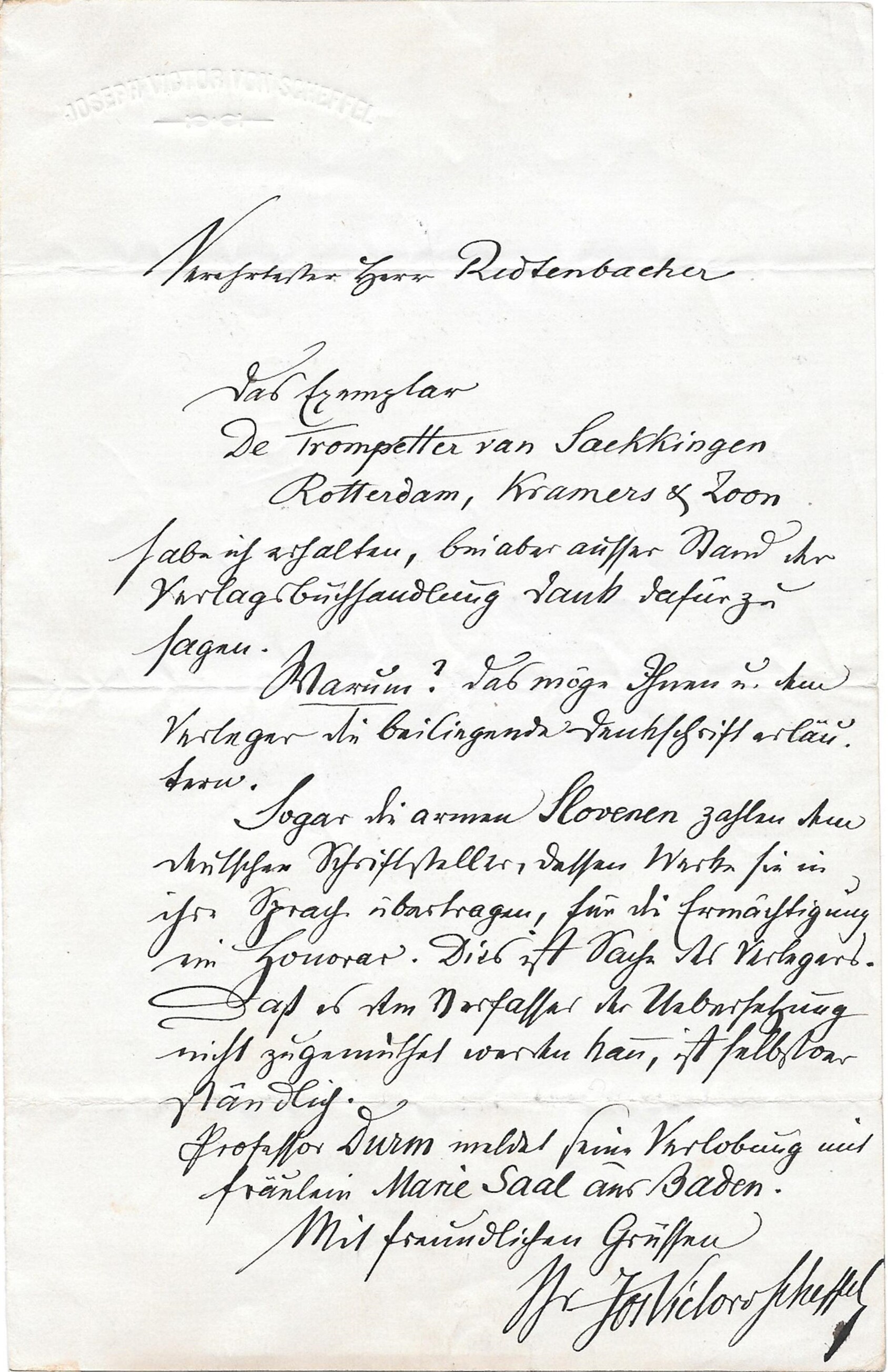 Brief von Joseph Victor von Scheffel an Rudolf Redtenbacher  (Hochrheinmuseum Schloss Schönau CC BY-NC-SA)