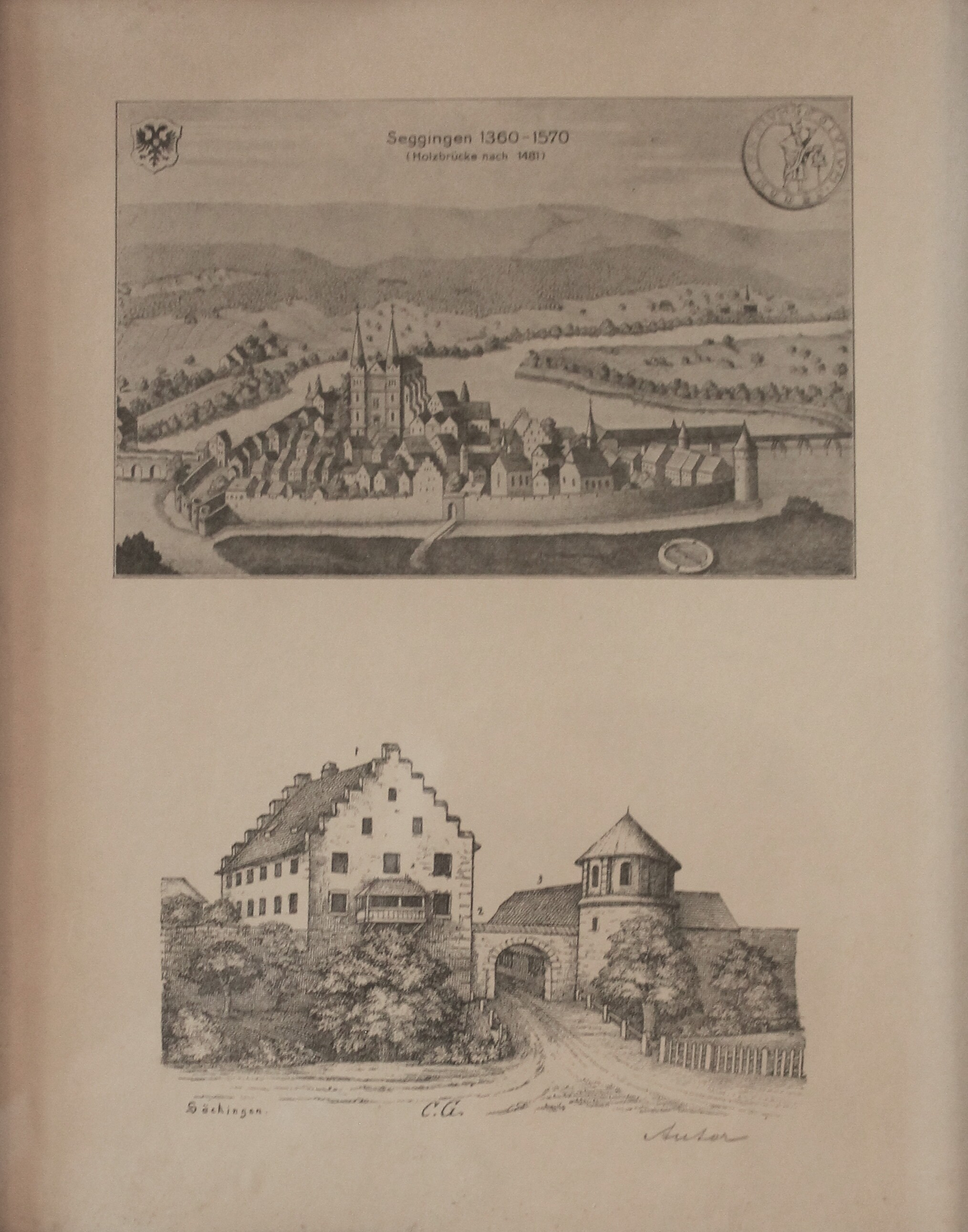 Stadtansicht im Mittelalter (oben), Autor (unten) (Hochrheinmuseum Schloss Schönau CC BY-NC-SA)