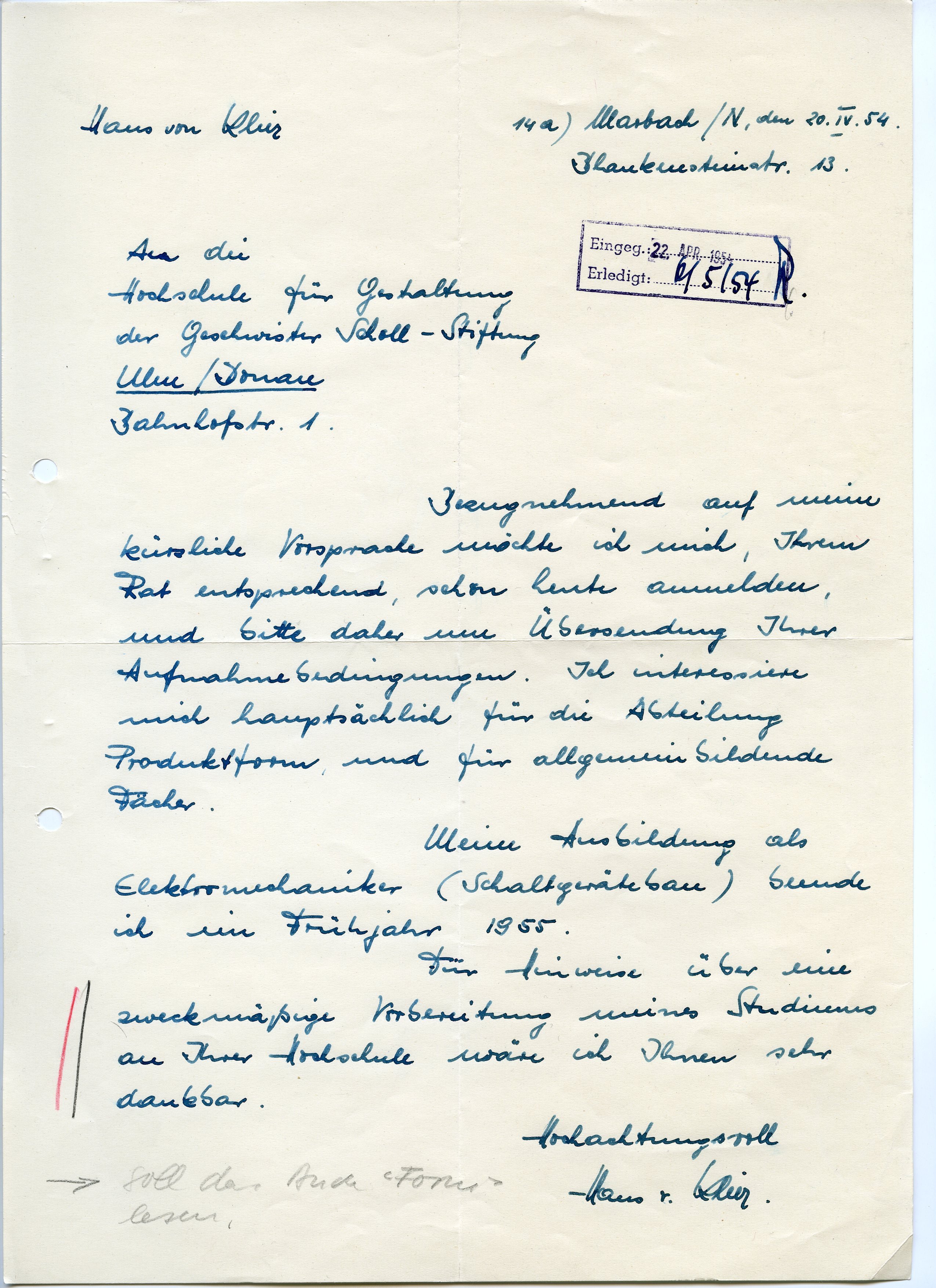 Bewerbung und Aufnahme Hans von Klier an der HfG Ulm (Museum Ulm/HfG-Archiv RR-P)