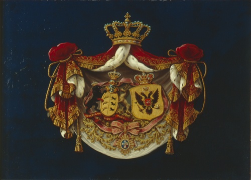 Tafel mit dem Allianzwappen von Prinz Karl von Württemberg und Prinzessin Olga Nikolajewna (Landesmuseum Württemberg, Stuttgart CC BY-SA)