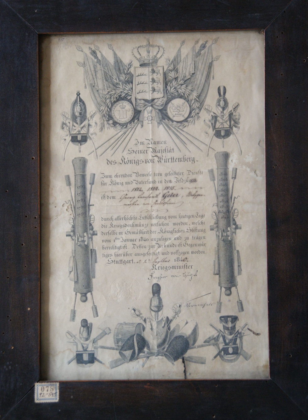 Urkunde zur Verleihung der Kriegsdenkmünze für Georg Leonhard Geier (Stadtmuseum im Spital Crailsheim CC BY-NC-SA)
