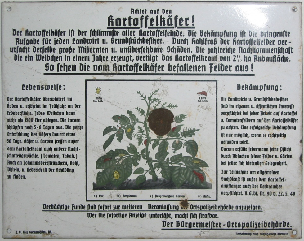 Emailleschild &quot;Achtet auf den Kartoffelkäfer&quot; (Heimat- und Hugenottenmuseum Friedrichstal CC BY-NC-SA)