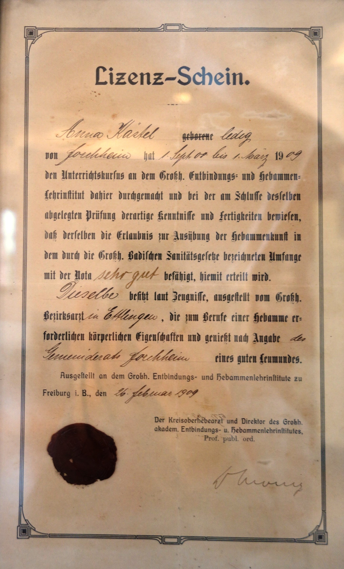 Lizenzschein zur Ausübung des Hebammenberufes (Museum zur Siedlungsgeschichte im PAMINA-Raum CC BY-NC-SA)