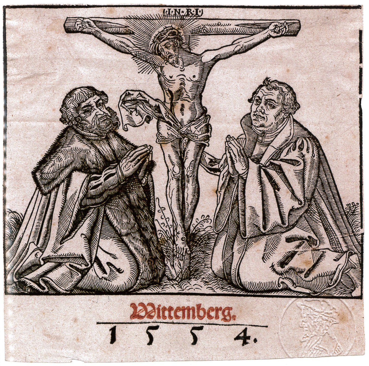 Martin Luther und Johann Friedrich I. Kurfürst von Sachsen unter dem Kruzifix (Museum im Melanchthonhaus Bretten CC BY-NC-SA)