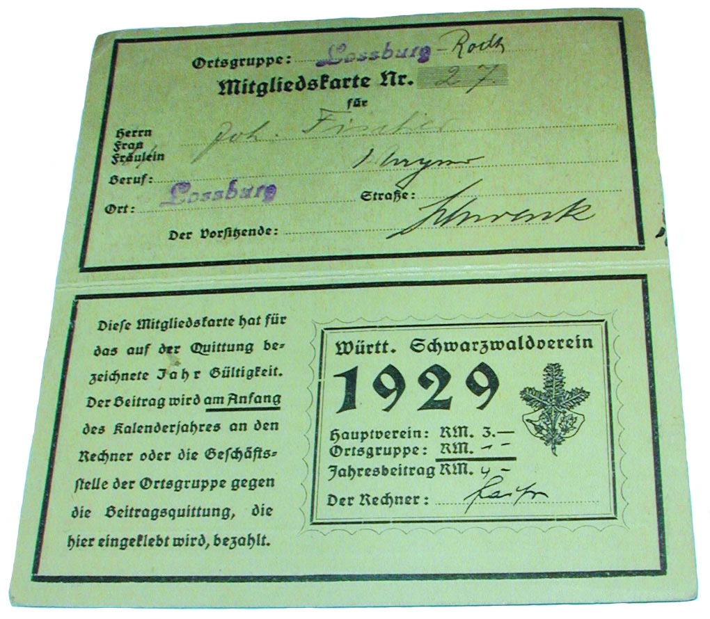 Mitgliedskarte des Württembergischen Schwarzwaldvereins, Ortsgruppe Lossburg-Rodt (Heimatmuseum Altes Rathaus Loßburg CC BY)