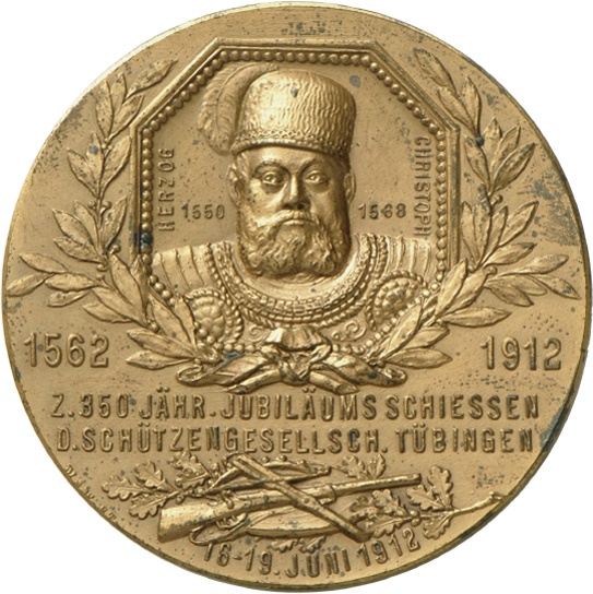 Medaille auf das 350-jährige Jubiläumsschießen der Schützengesellschaft Tübingen, 1912 (Landesmuseum Württemberg, Stuttgart CC BY-SA)