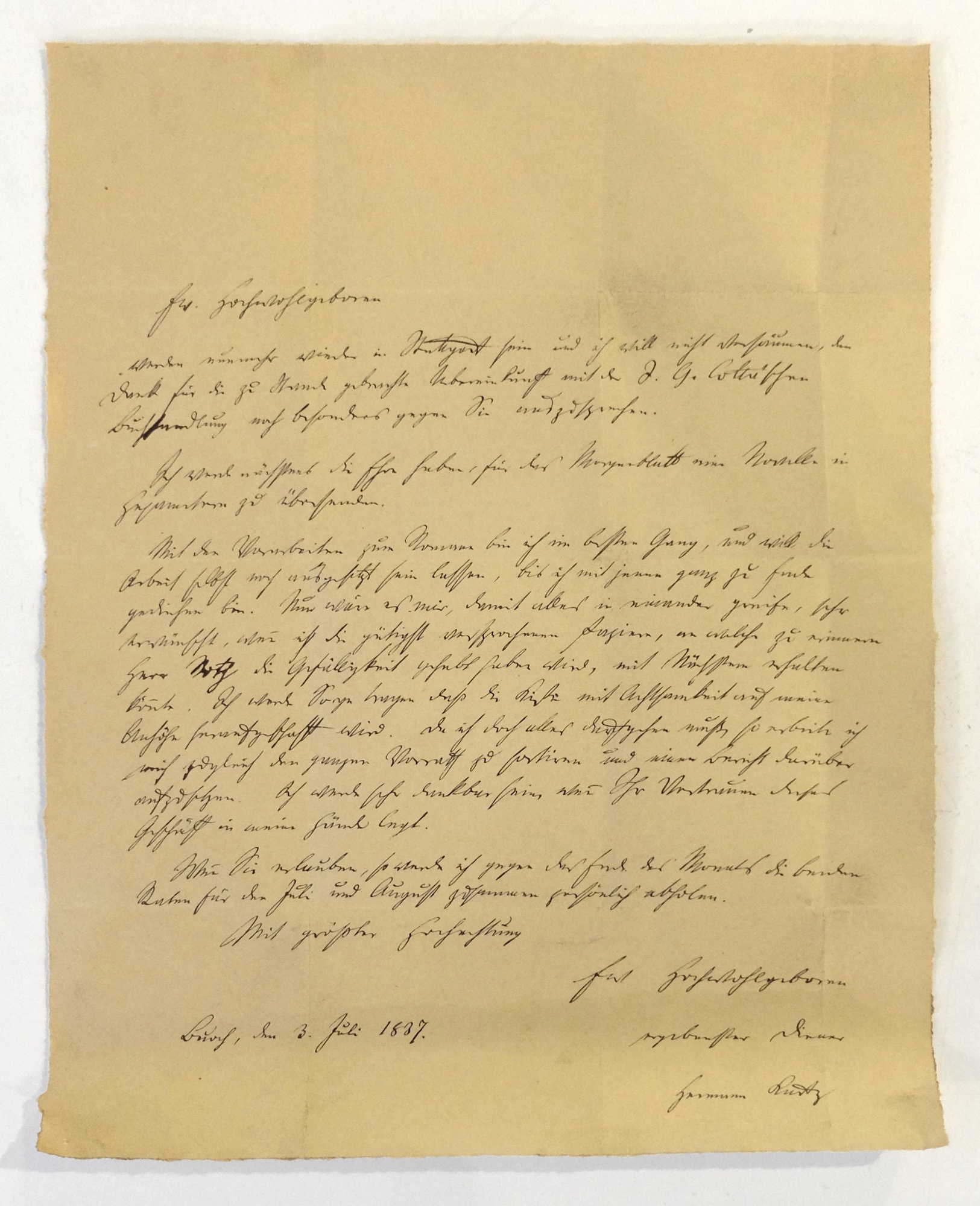 Brief des Schriftstellers H. Kurz an den Verleger Cotta (Museum im Hirsch CC BY-NC-SA)