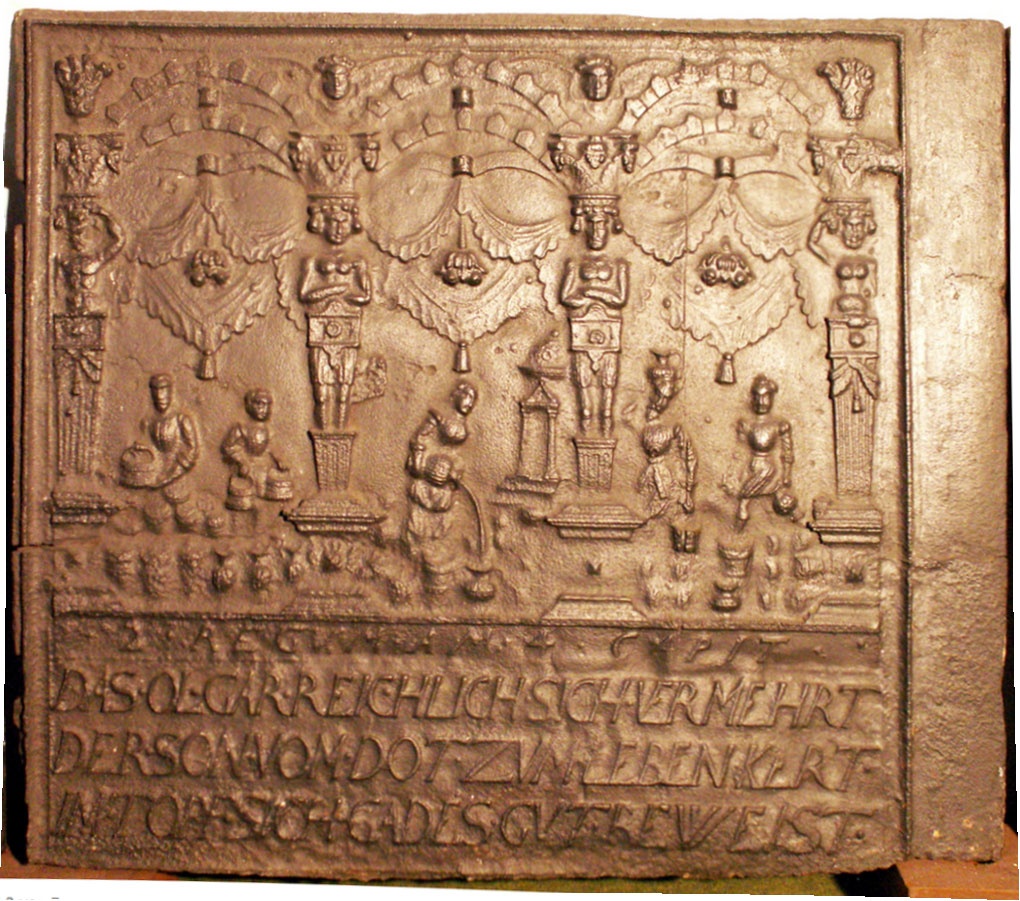 Ofenplatte: Der Prophet Elischa mehrt das Öl der Witwe (Renchtäler Heimatmuseum Oppenau CC BY)