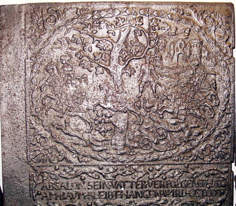 Ofenplatte: Absalom hängt an seinen Haaren im Baum (Renchtäler Heimatmuseum Oppenau CC BY)