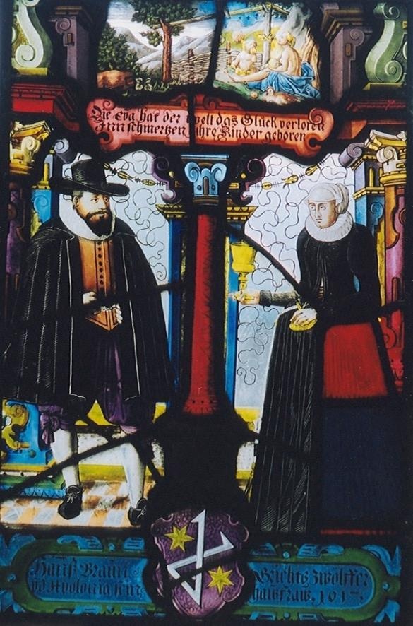 Scheibe: Oppenauer Gerichtszwölfer (Ratsherr) Hans Braun und seine Ehefrau Apolonia (Renchtäler Heimatmuseum Oppenau CC BY)