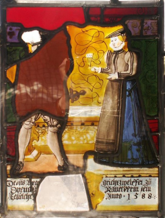 Scheibe: Oppenauer Gerichtszwölfer (Ratsherr) und seine Ehefrau (Fragment) (Renchtäler Heimatmuseum Oppenau CC BY)