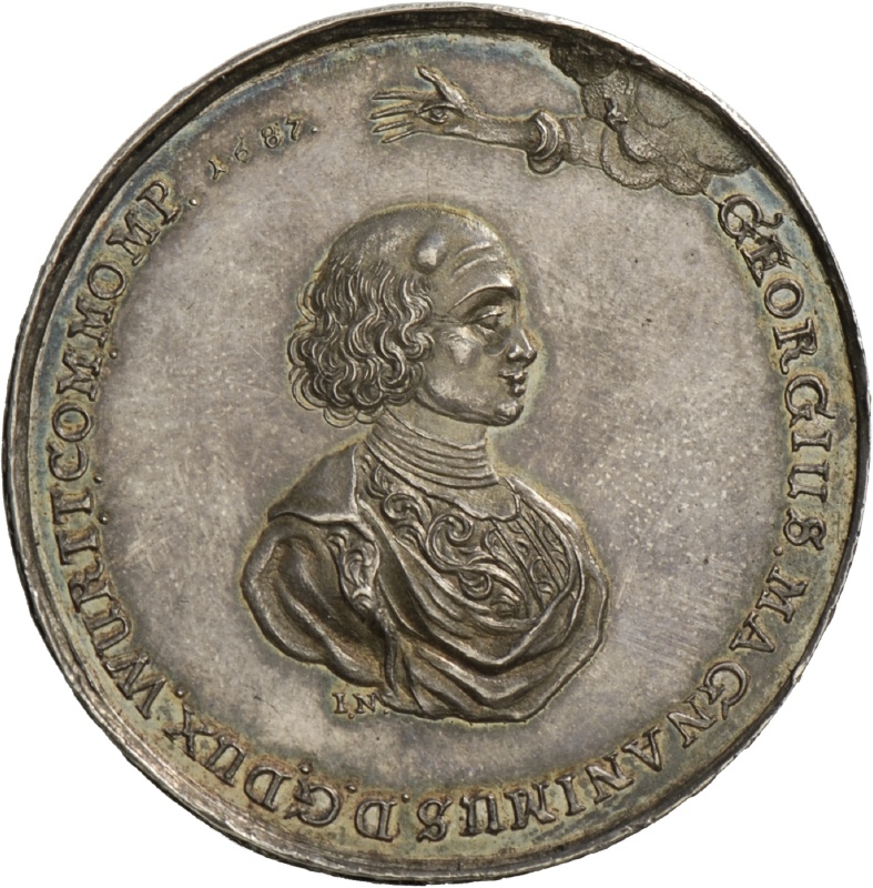 Medaille Herzog Sylvius Friedrichs von Württemberg-Oels auf das aus Mömpelgard vertriebene Herrscherpaar, 1687 (Landesmuseum Württemberg, Stuttgart CC BY-SA)