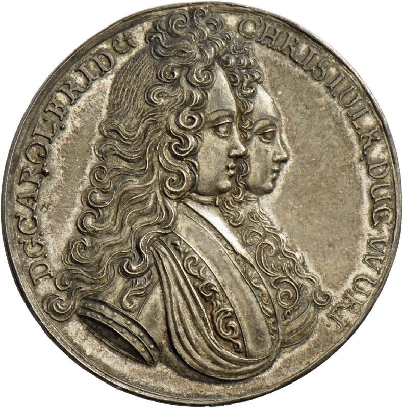 Medaille auf die brüderliche Eintracht der Herzöge Christian Ulrich und Carl Friedrich von Württemberg-Oels, 1705 (Landesmuseum Württemberg, Stuttgart CC BY-SA)
