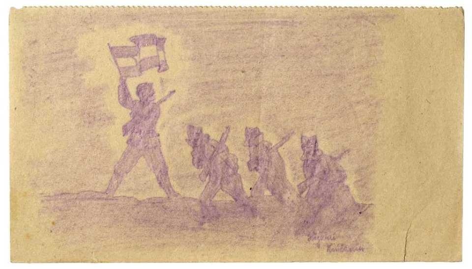 Zeichnung auf Toilettenpapier: Vier jugoslawische Partisanen (Donauschwäbisches Zentralmuseum Ulm CC BY-NC-SA)
