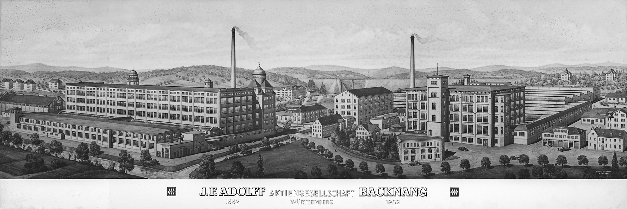 Das Werksgelände der Spinnerei J.F. Adolff aus der Vogelschau (Techniksammlung Backnang CC BY-NC-SA)